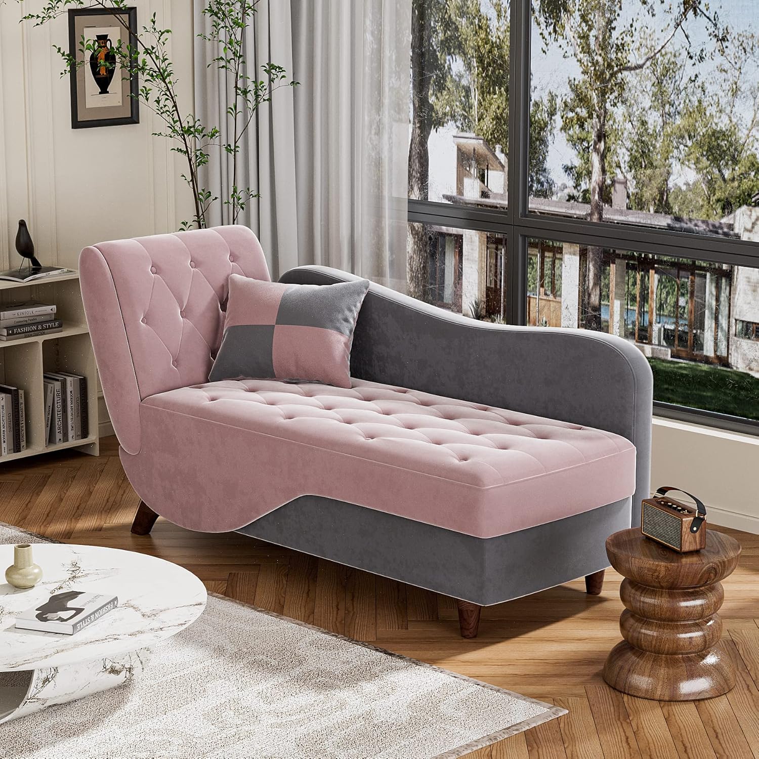OUYESSIR Tumbona tapizada para interiores, sofá reclinable ajustable con almacenamiento y 1 almohada, sillón de terciopelo para sala de estar,