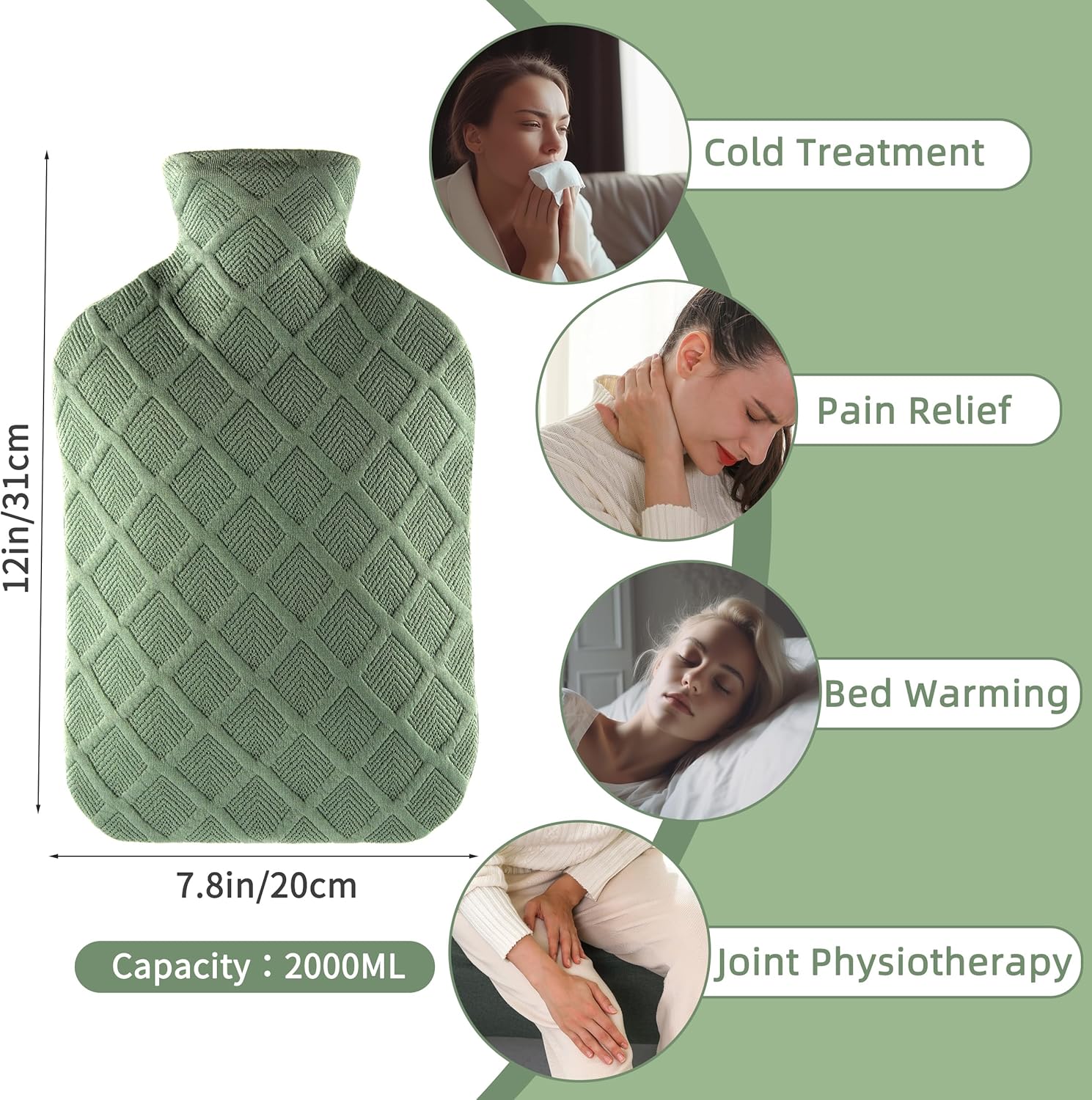 samply Botella de agua caliente con tapa suave, bolsa de agua caliente de 2 L para calambres menstruales, alivio del dolor de cuello y hombros,