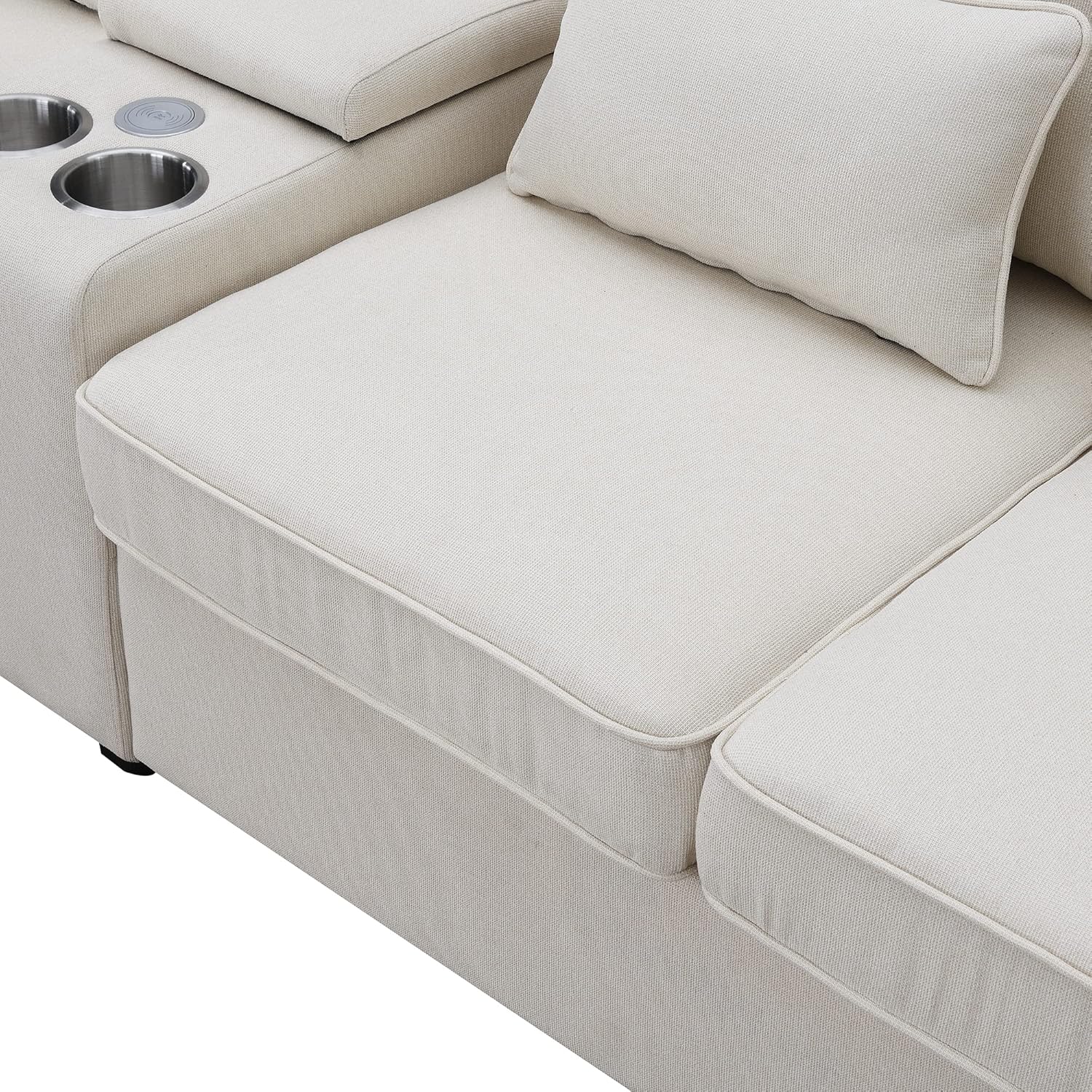 SIYSNKSI Moderno sofá multifuncional con mesa auxiliar almacenable y 2 portavasos, sofá tapizado de tela de 4 asientos con 2 puertos USB con cable o