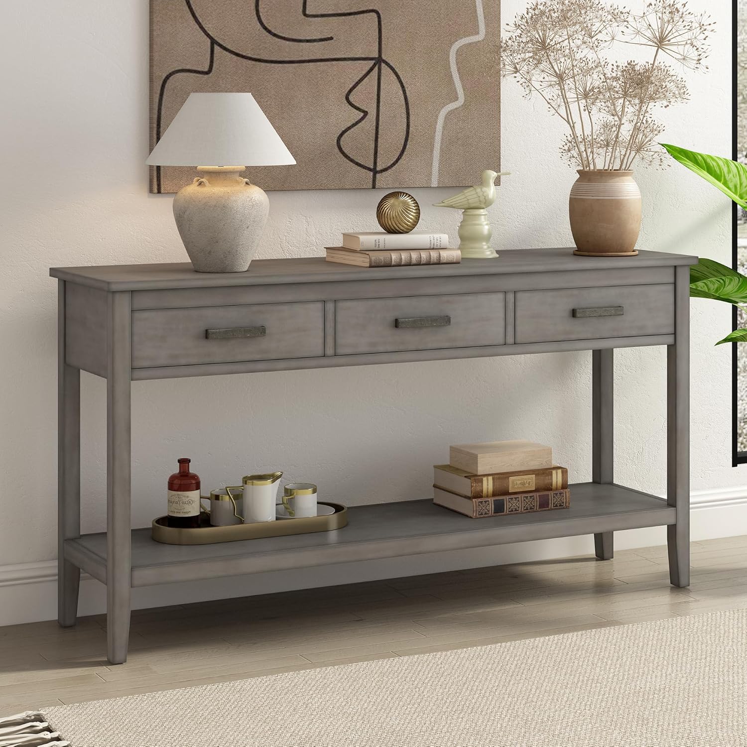 Moderna mesa consola de 3 cajones con 1 estante, mesa auxiliar de madera maciza para pasillo, sala de estar, vestíbulo, pasillo, fácil de montar