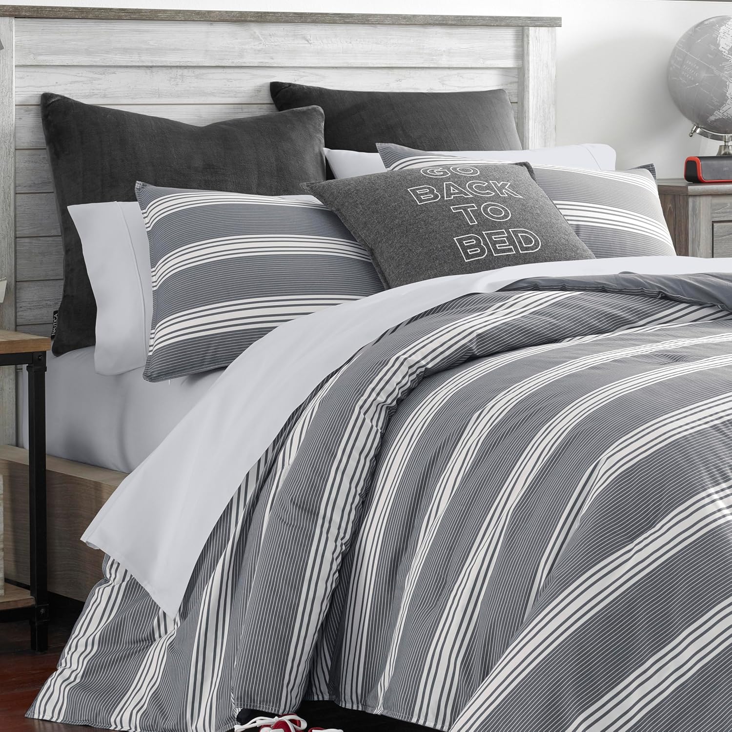 Nautica – Juego de edredón tamaño King, ropa de cama reversible de algodón con fundas a juego, elegante decoración del hogar (gris oscuro, King)