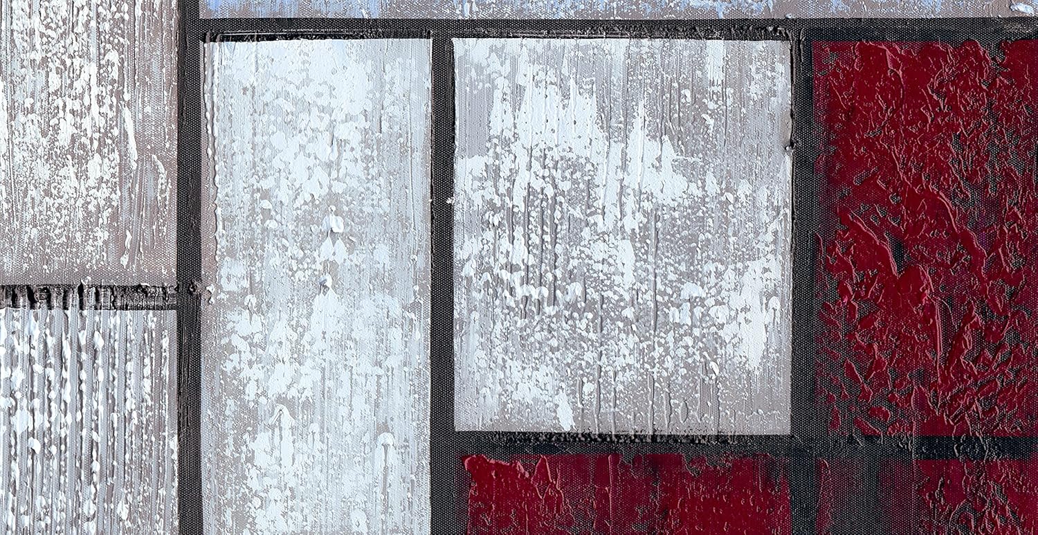 Cuadrados abstractos en lienzo pintado a mano, pintura al óleo de color rojo oscuro, decoración de imagen pesada texturizada para sala de estar,