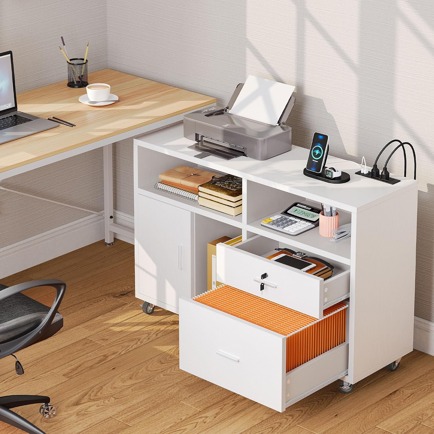 YITAHOME Archivador lateral de madera, gabinete de almacenamiento móvil de 2 cajones, se adapta a A4, soporte para impresora de letras y documentos