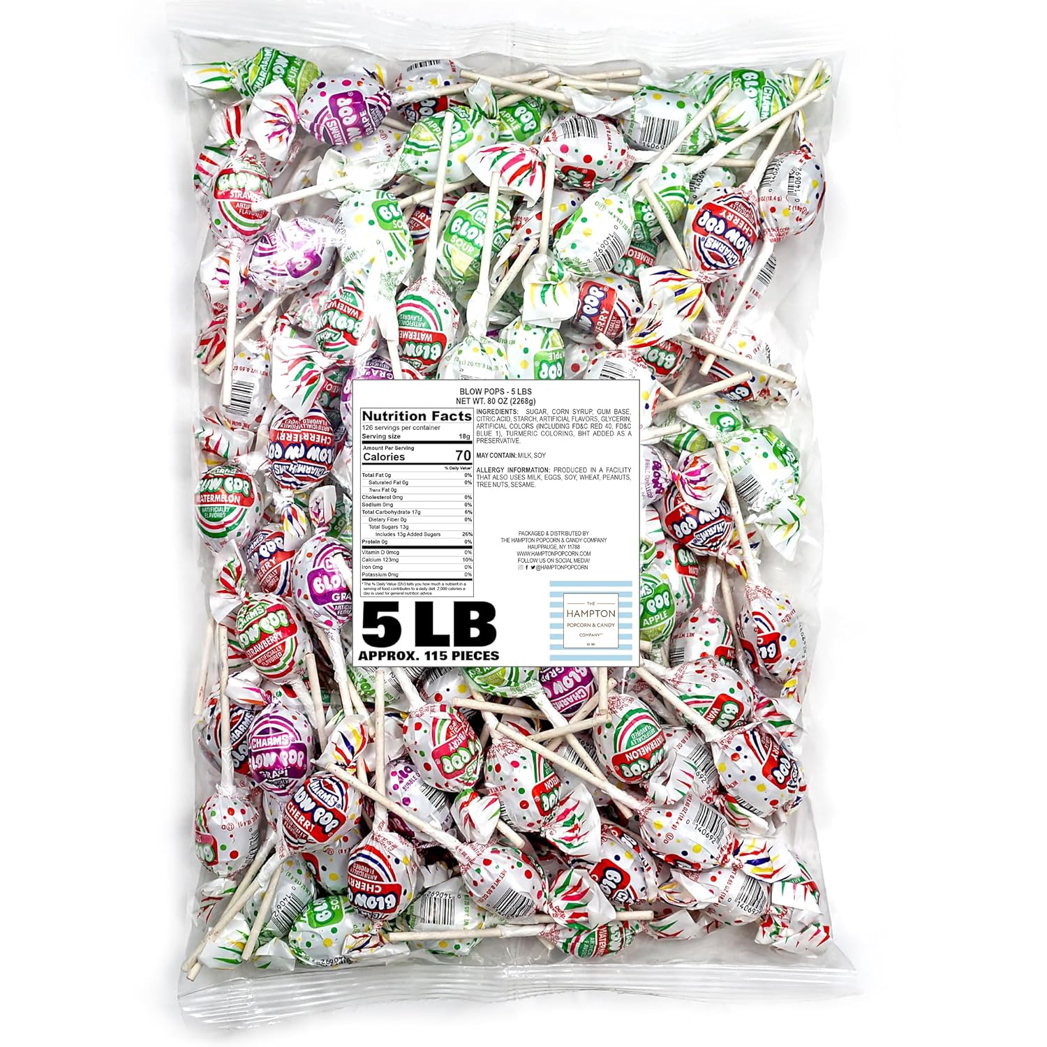 Charms Blow Pops, bolsa a granel de 5 libras (aproximadamente 115), paletas rellenas de goma de mascar con sabor a fruta surtida, caramelos duros a