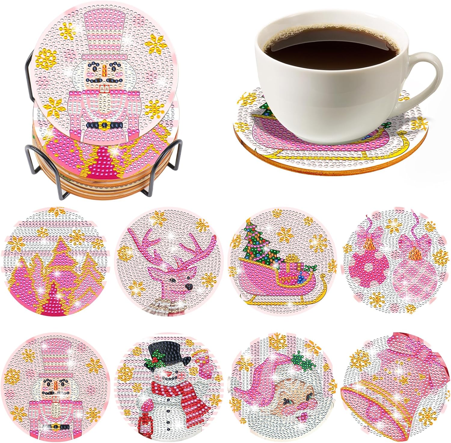 XEFINAL Pinturas artísticas de diamantes rosas de Navidad, posavasos de diamantes rosa, kits de pintura artística de diamantes para adultos,