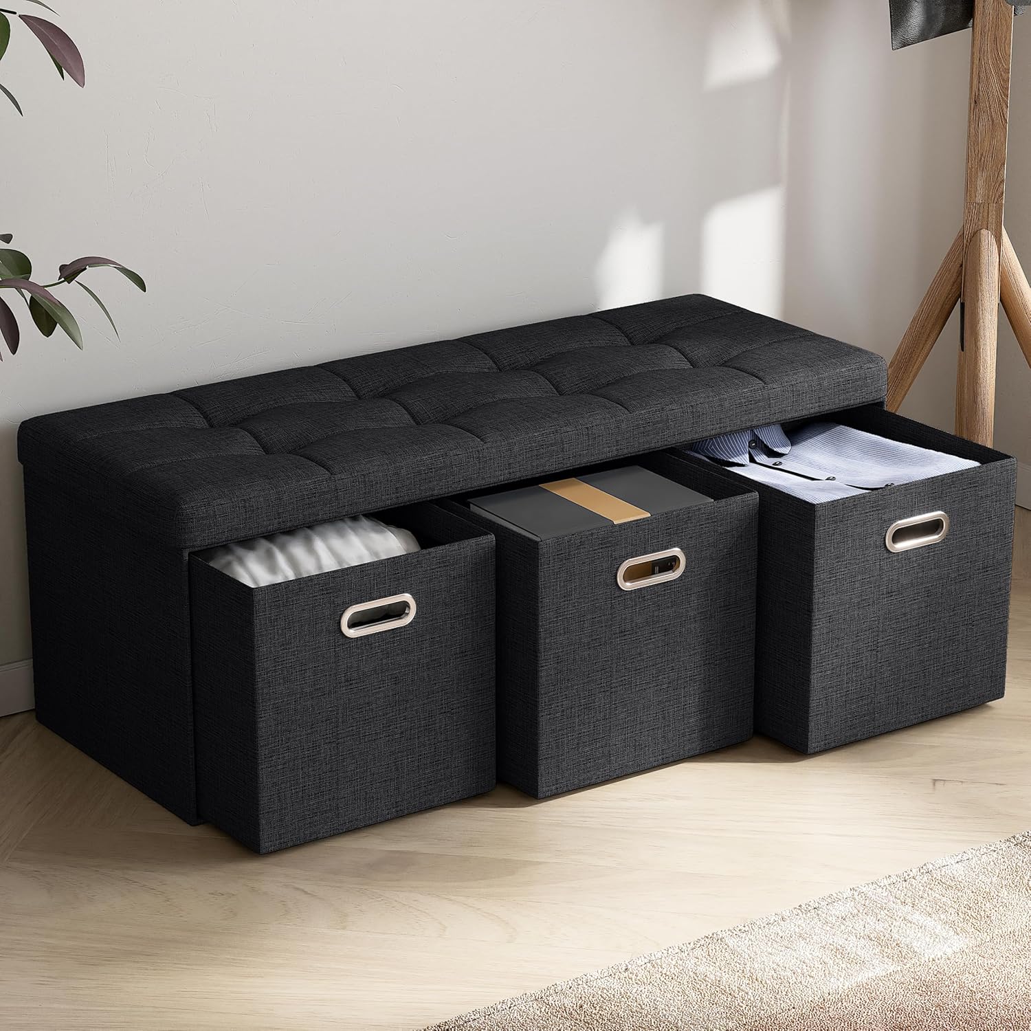 Ornavo Home Taburete otomano plegable de lino con 3 cubos de cajones, 15 x 40 x 15 pulgadas, color negro