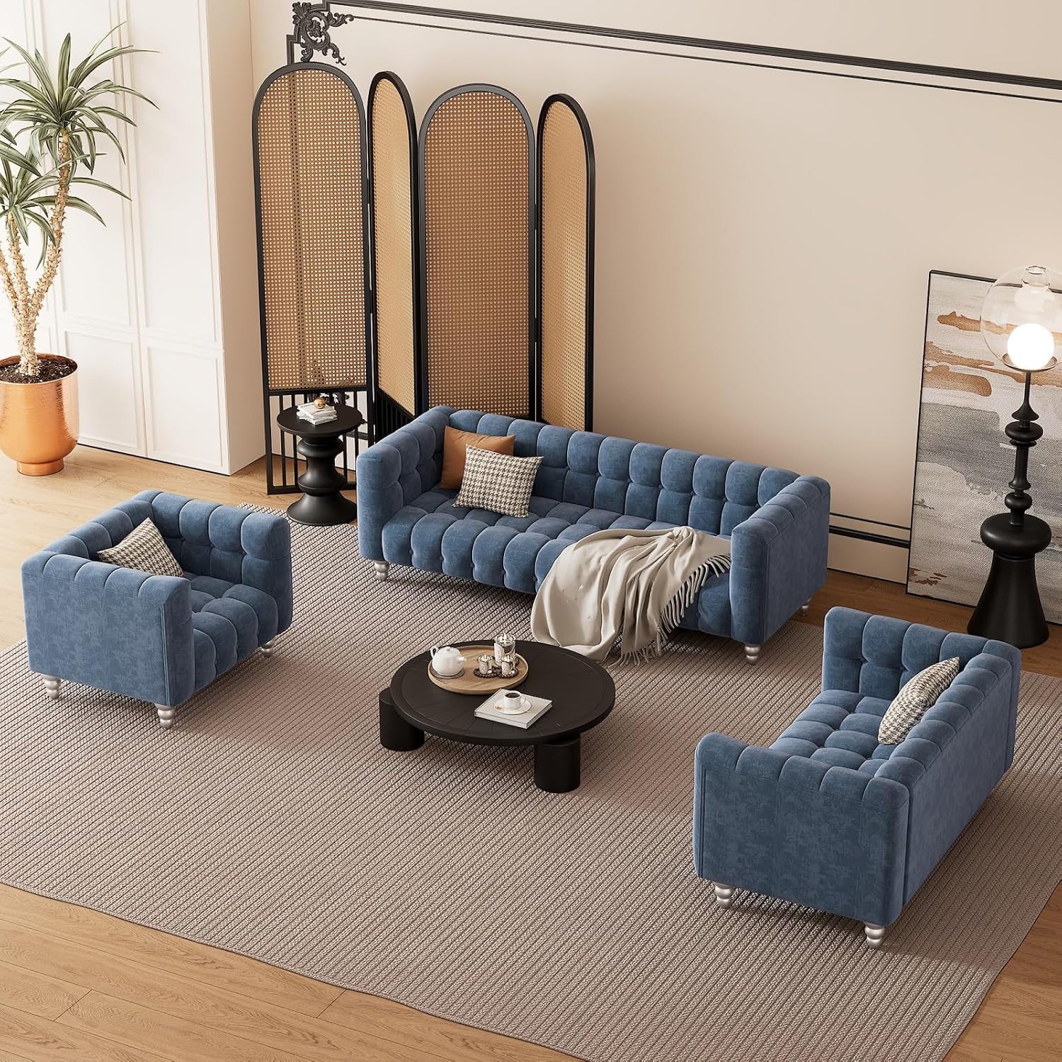 Juegos de sofás para sala de estar, moderno sofá de 3 piezas con patas de madera maciza, respaldo copetudo con botones, juego de sofá tapizado de