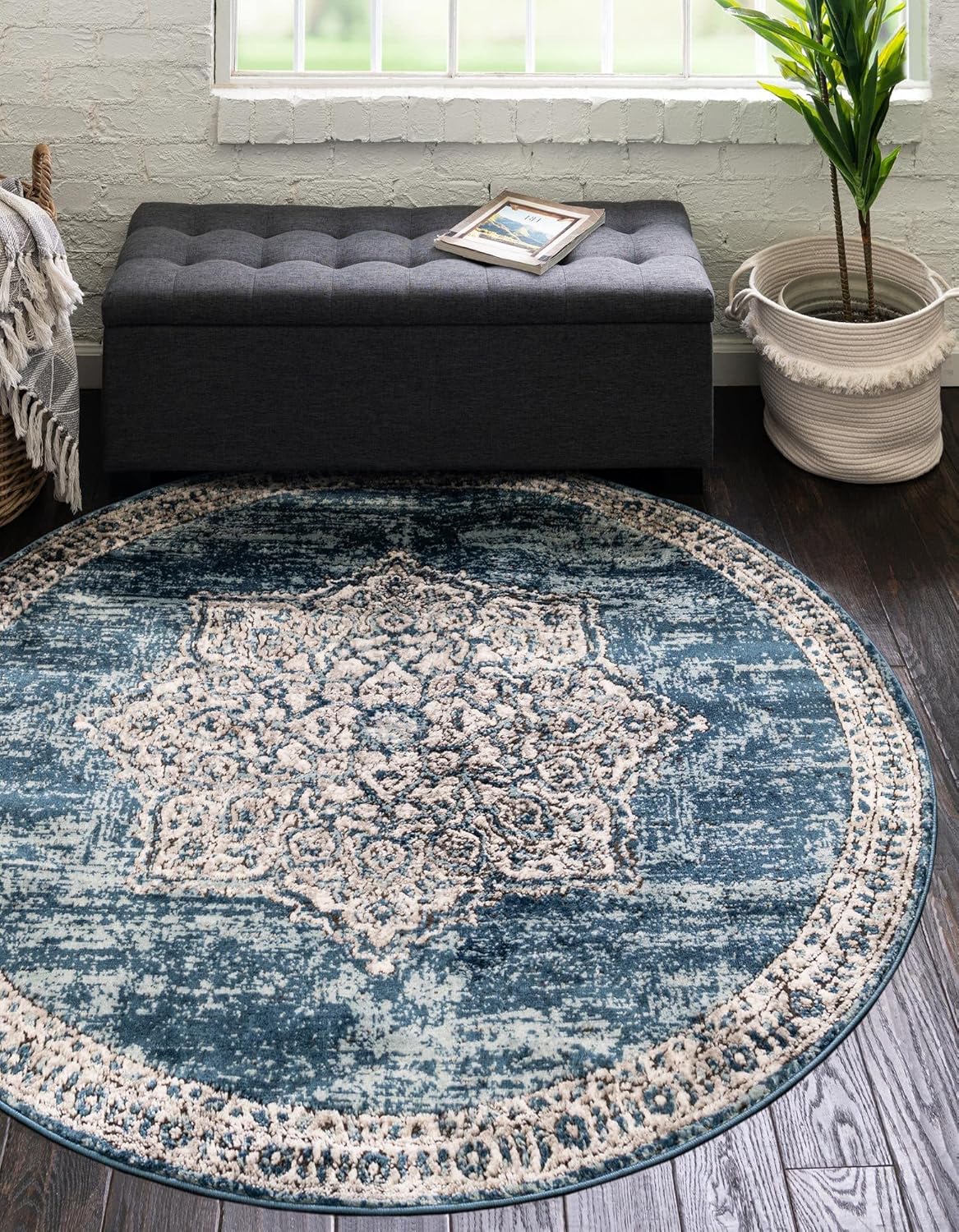 Unique Loom Colección Nyla – Alfombra de área (redonda, 3 pies 3 pulgadas x 3 pies 3 pulgadas, azulmarfil)