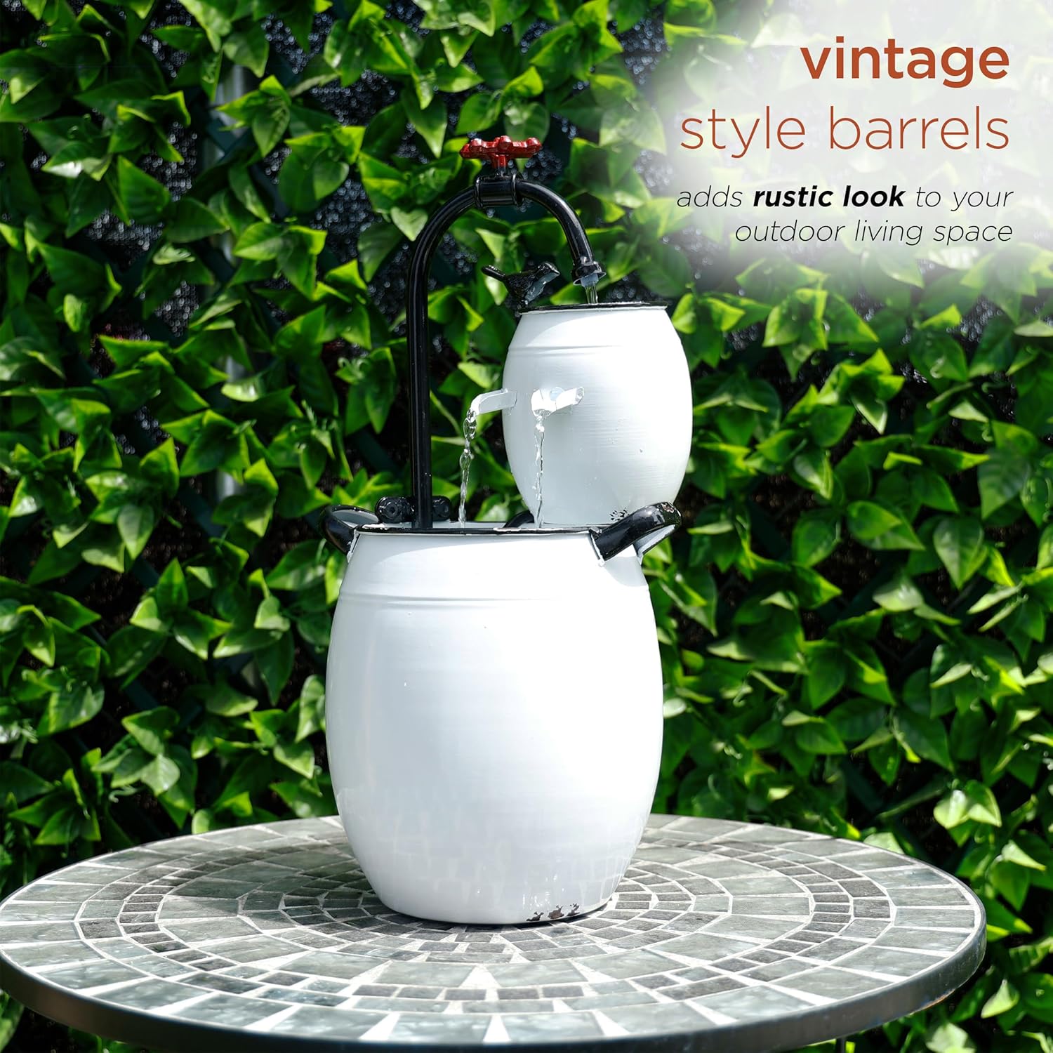 Alpine Corporation YHL428 – Fuente de agua para grifos y barriles de mesa para exteriores, fuente de decoración de mesa antigua de 19 pulgadas,