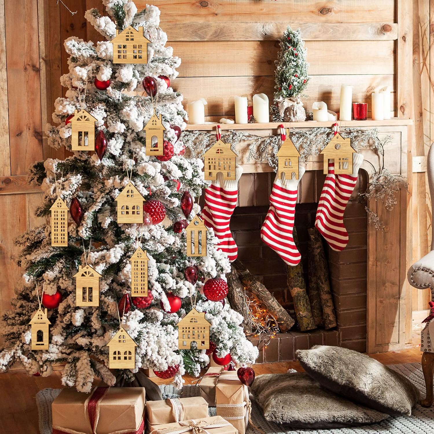 Unittype 18 adornos de madera de Navidad para el árbol de Navidad, adornos de madera en forma de casa, adornos colgantes de madera de doble cara,