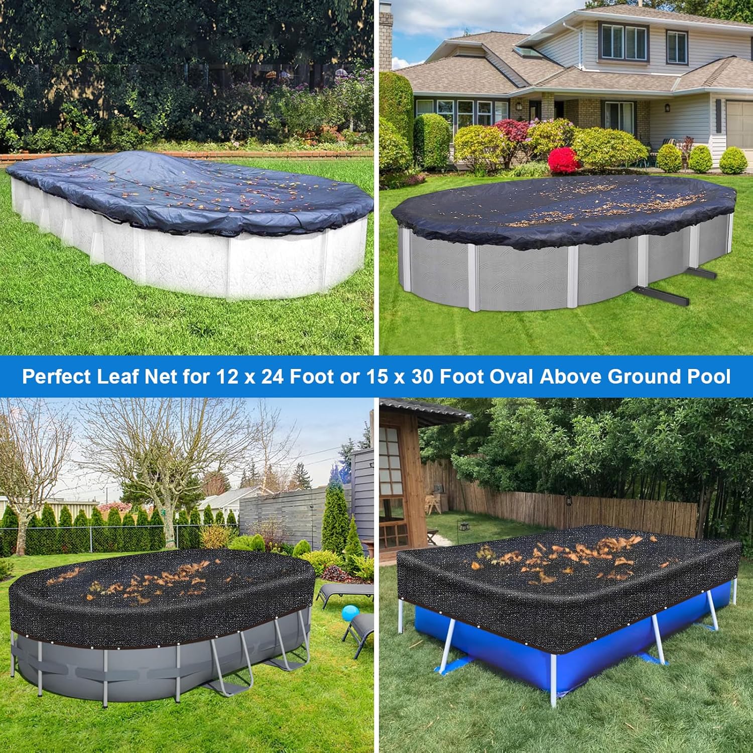 Cubierta ovalada de red para hojas de piscina, 15 x 30 pies, ovalada sobre el suelo, cubierta de red de hojas de malla fina para piscina, cubierta