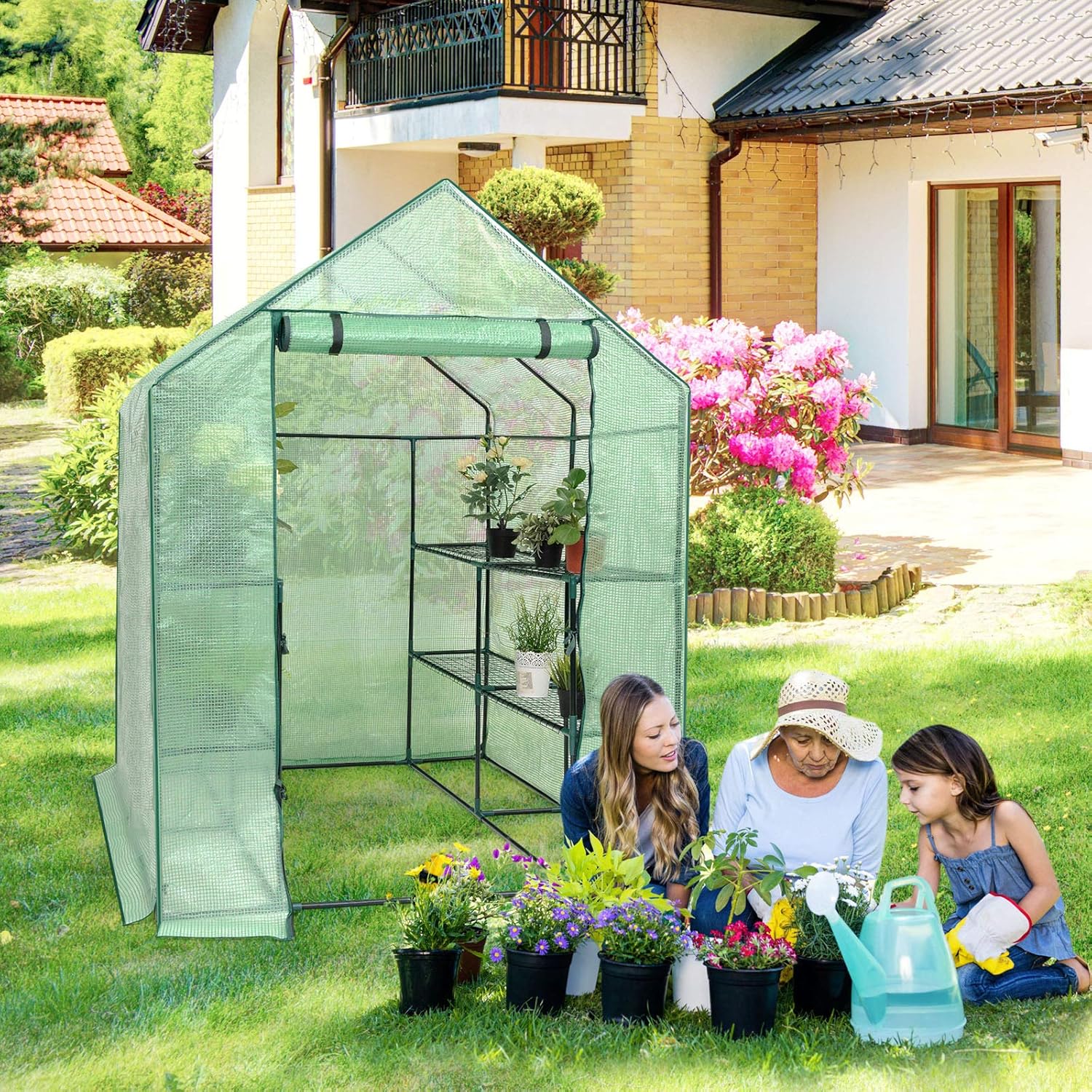 Safstar – Invernadero de 4.8 x 4.8 x 6.4 pies, casa verde con 2 estantes de malla de 8 niveles y puerta enrollable con cremallera, mini invernadero