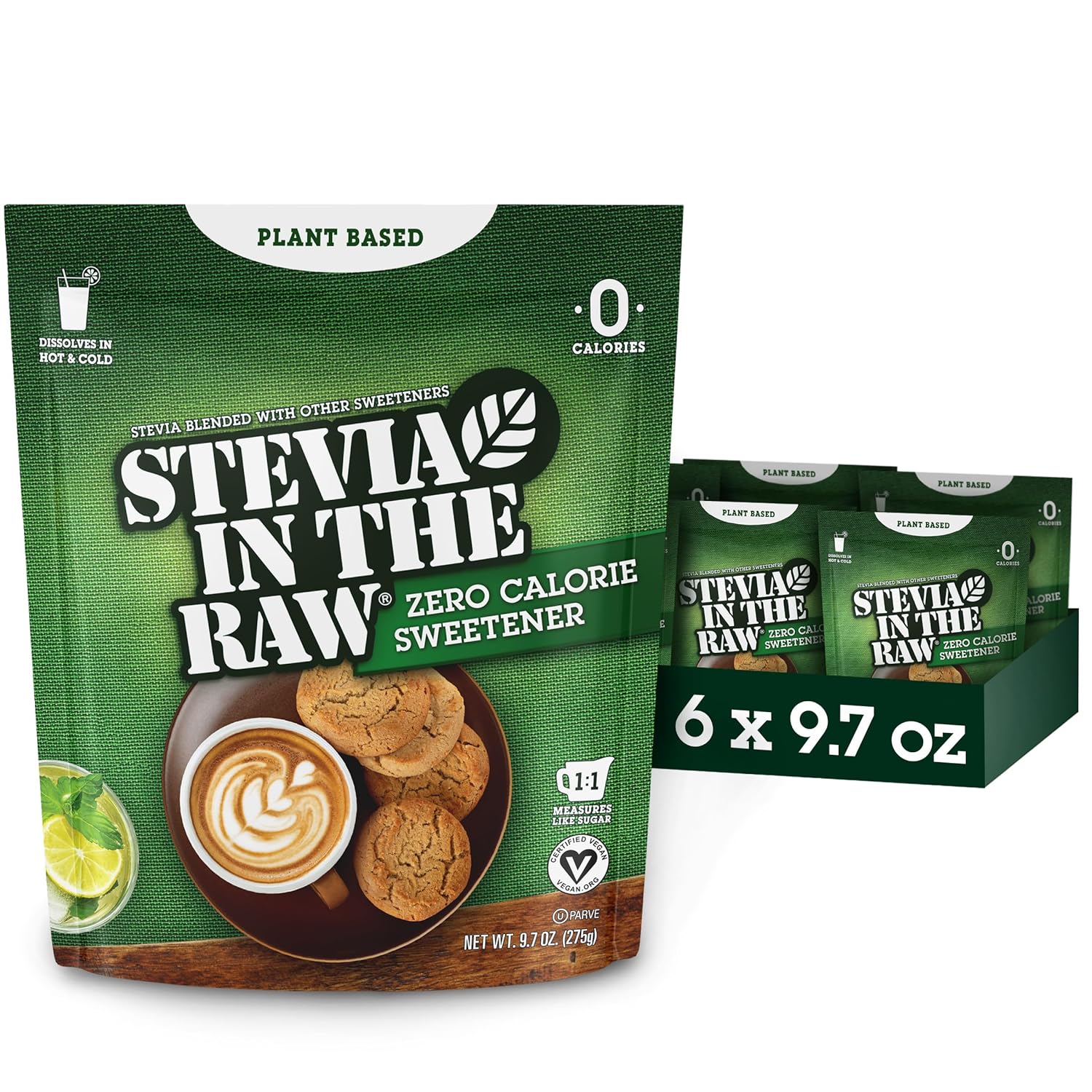 STEVIA IN THE RAW Edulcorante granulado sin calorías, 9.7 ONZAS. Bolsa de panadería (paquete de 6)