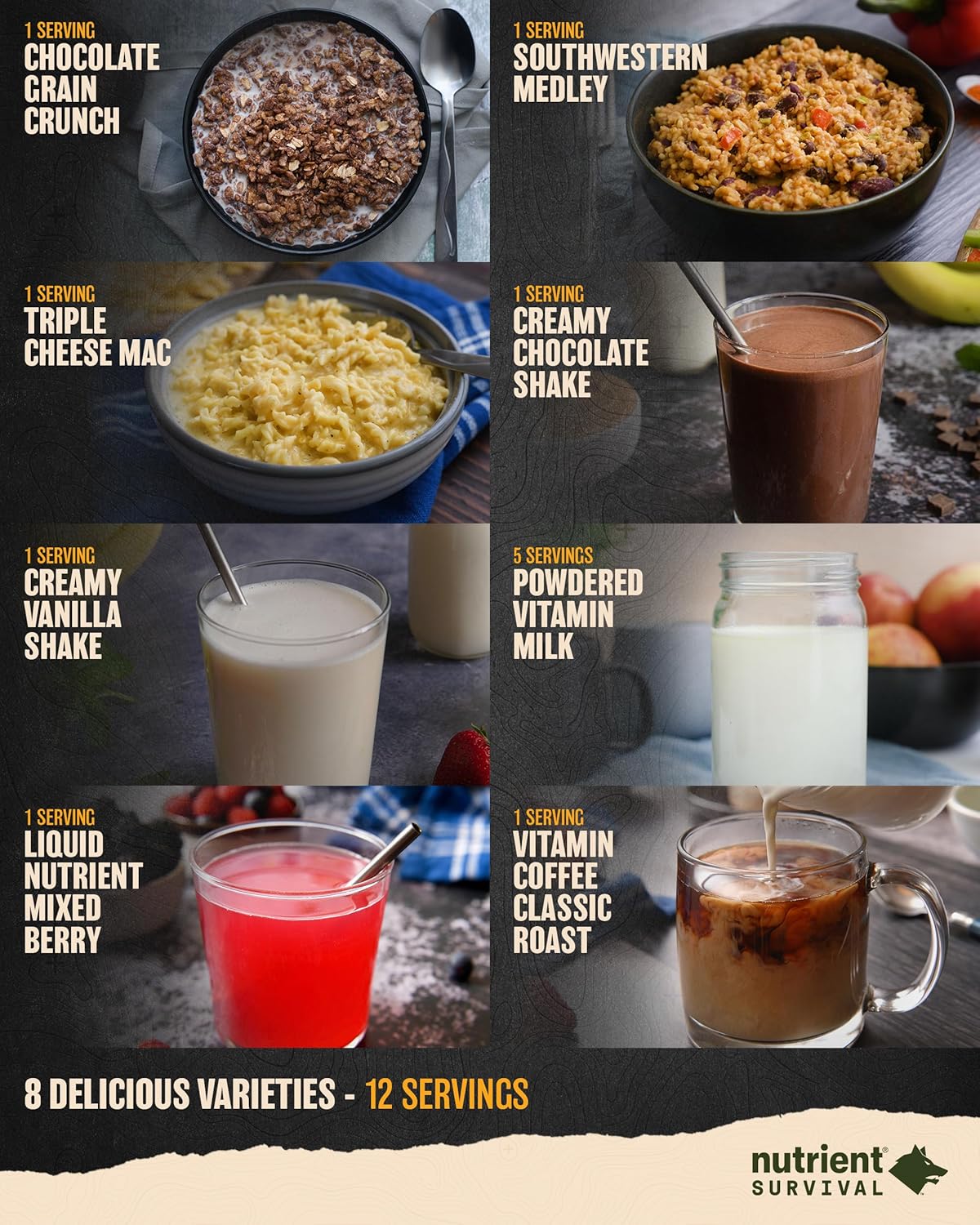 Nutrient Survival MRE Charlie Grab and Go Power Pack (8 porciones empaquetadas individualmente) comidas listas para comer, suministros de