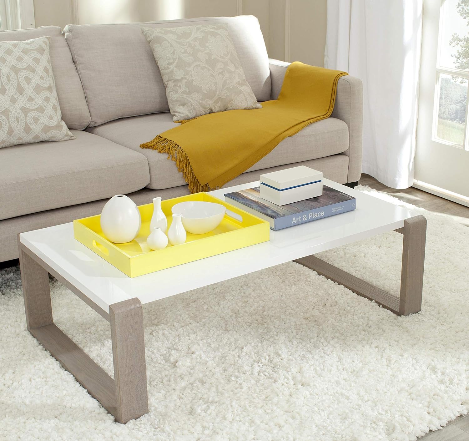 Safavieh Home Collection Bartholomew Mid-Century – Mesa de centro moderna de laca blanca y gris