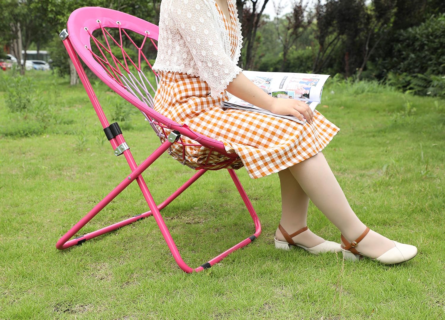 Silla elástica portátil plegable, silla de plato, silla de juego Bunjo para exteriores e interiores y campamento y barbacoa (rosa)