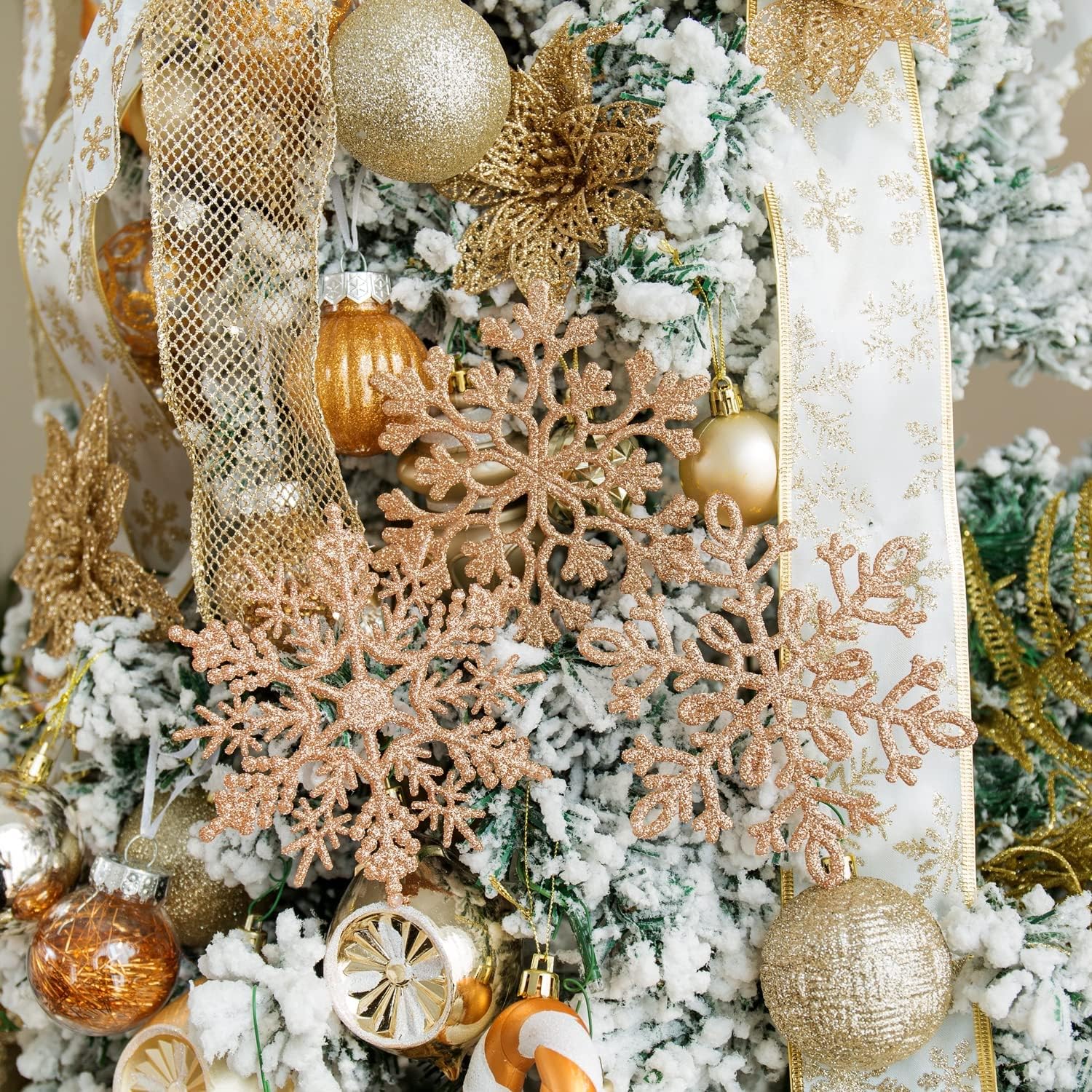 Adornos de plástico de copos de nieve con purpurina de 4.7 pulgadas30 unidades, decoraciones con cuerda de plata para colgar en el árbol de navidad,