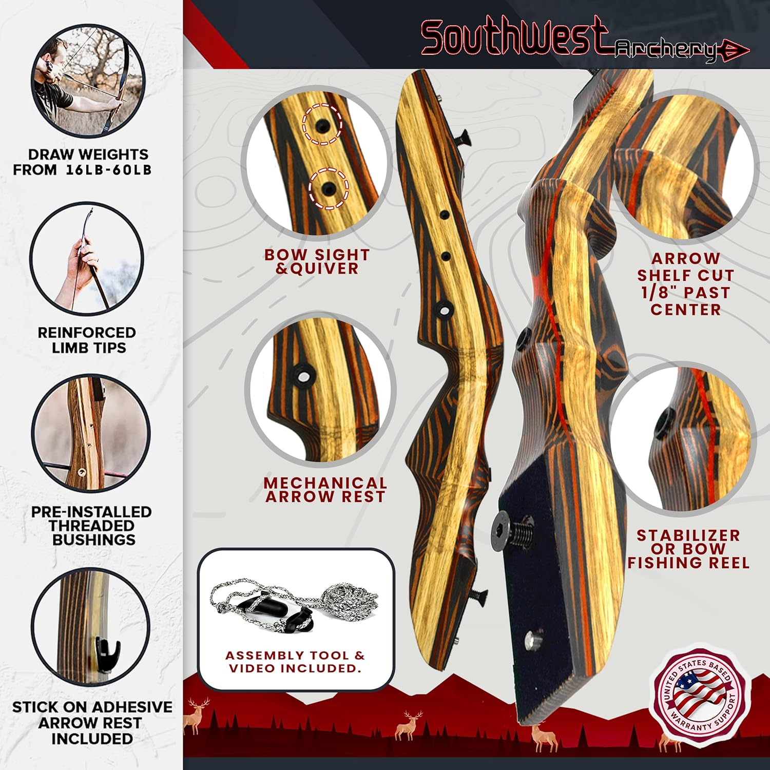 Tigershark Takedown – Arco recurvo  Versiones estándar y PRO  Arco de caza de 62 pulgadas  zurdo y diestro  Pesos de tracción en 16 lb-60 lb