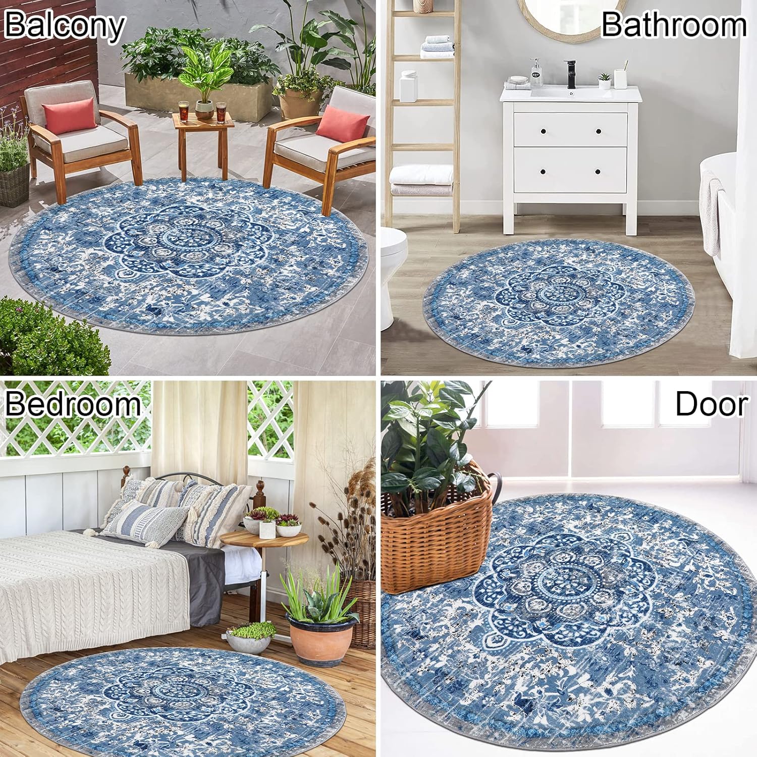 HEBE – Alfombra redonda bohemia de 4 pies, antideslizante, lavable, para sala de estar, dormitorio, medallón envejecido, vintage, alfombra redonda,
