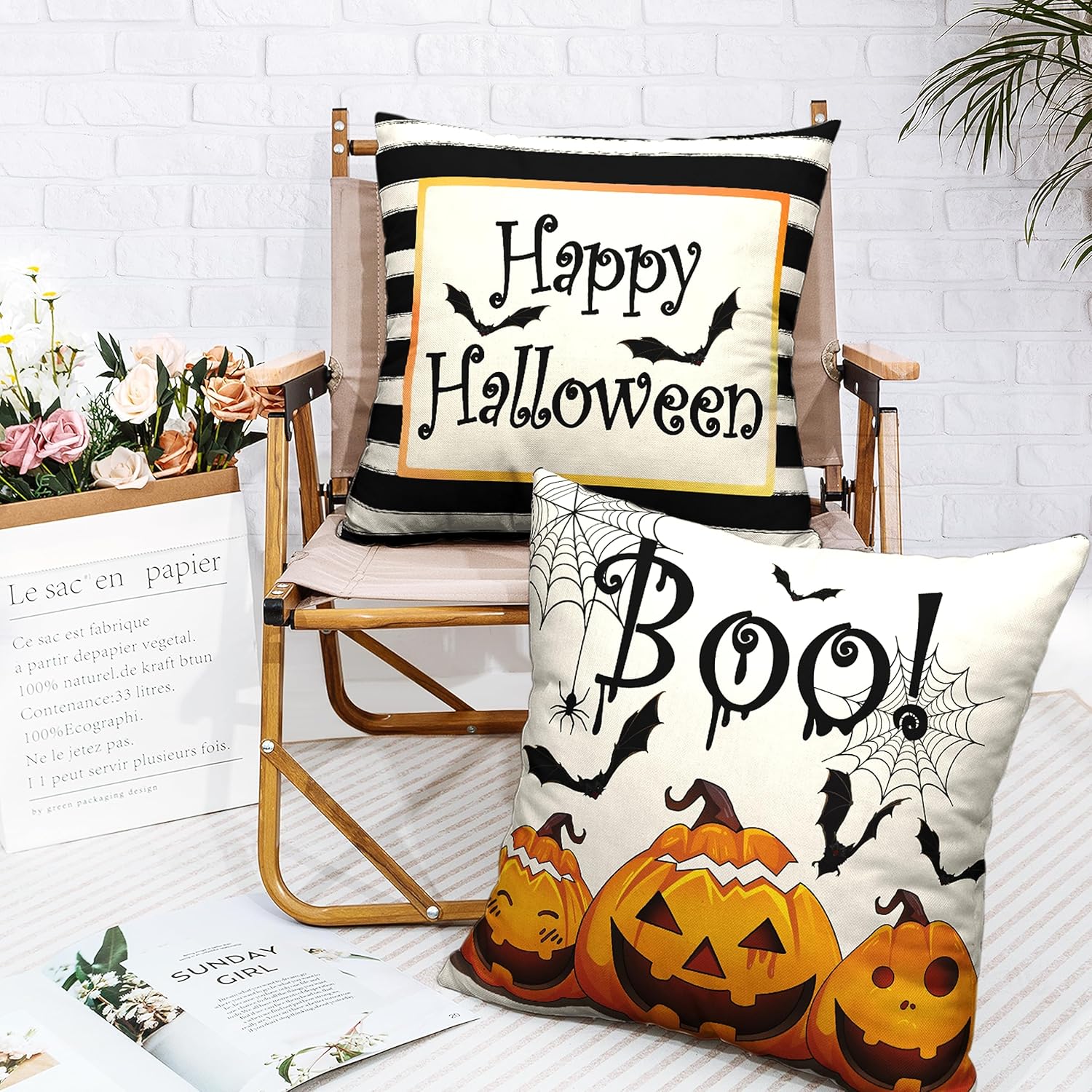 Kwlegh Juego de 2 fundas de almohada de tela de araña de calabaza de Halloween de 24 x 24 pulgadas, decoración moderna de Halloween, fundas de