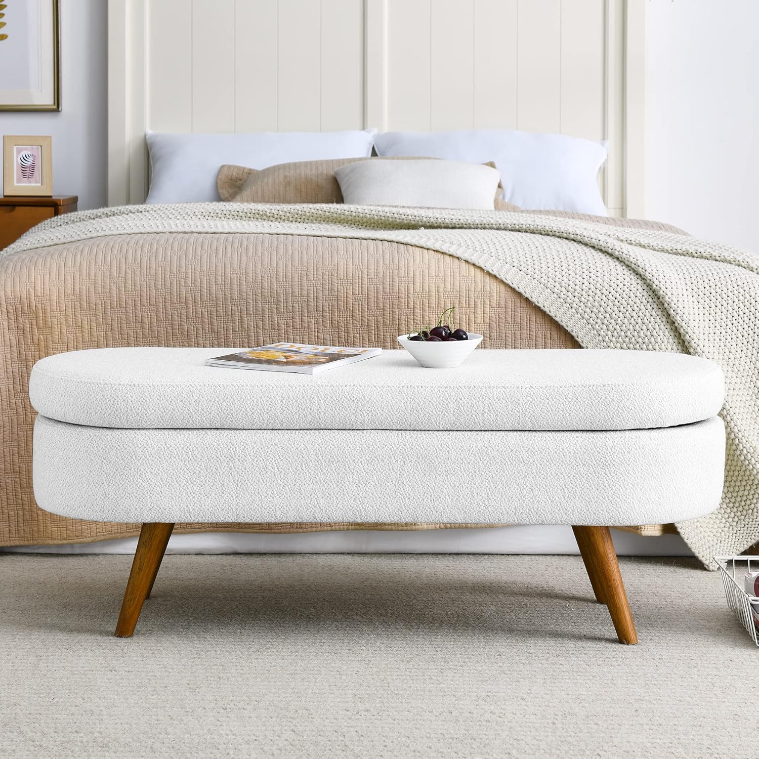 Linen Upholstery Tufted Storage Bench Ottoman for End of Bed Home Entryway Living Space, Soft Padded Oval Storage&Bench Footstool with Rubber Wood