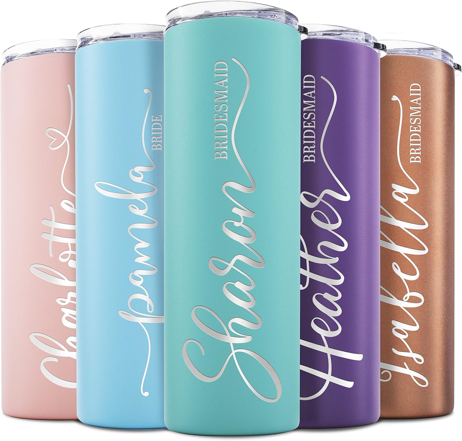 Lily’s Atelier Juego de 5 vasos personalizados para dama de honor, con nombre y título, 8 colores vivos, 5 diseños, vaso delgado grabado de 20 onzas