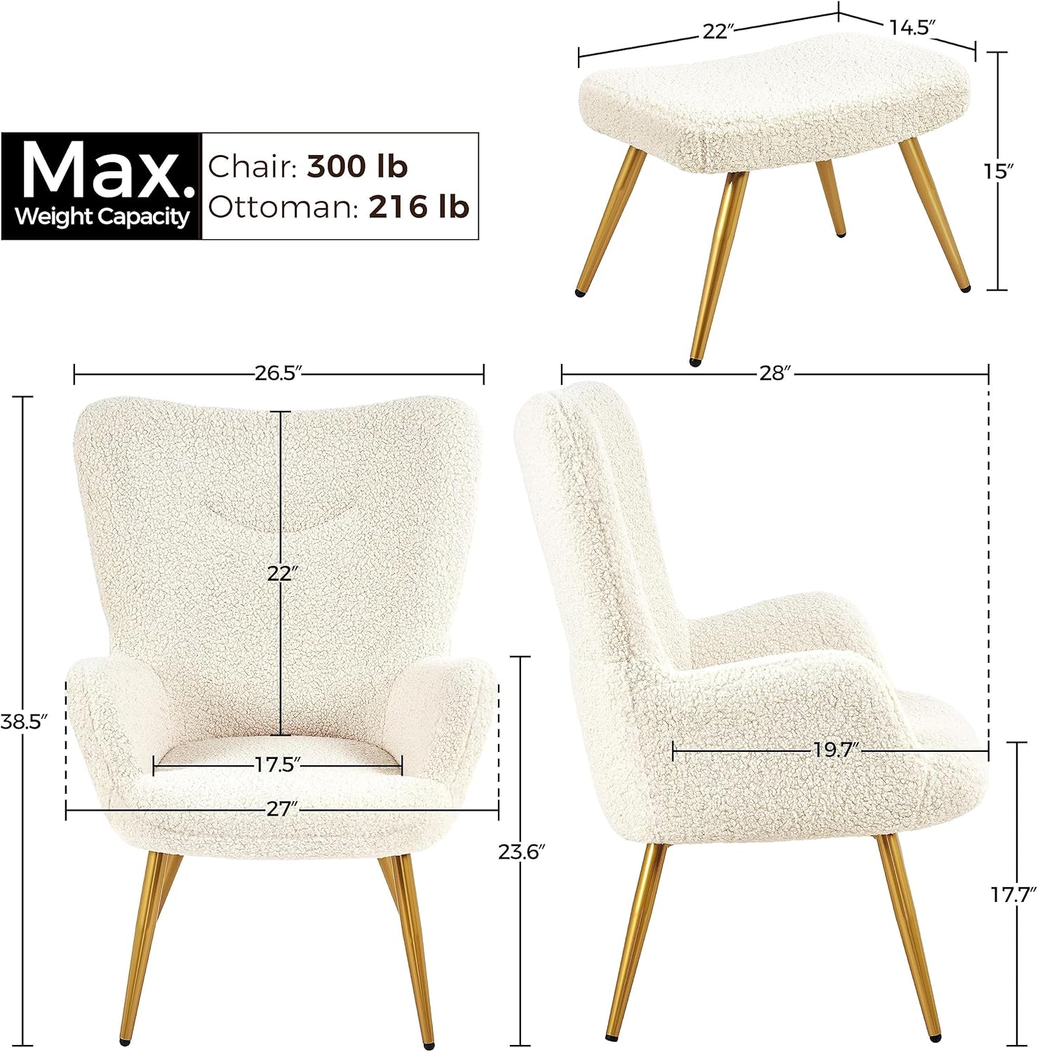 Yaheetech Juego de silla decorativa y otomana, sillón Sherpa con patas de metal dorado y respaldo alto, reposapiés para sala de estar, salón,