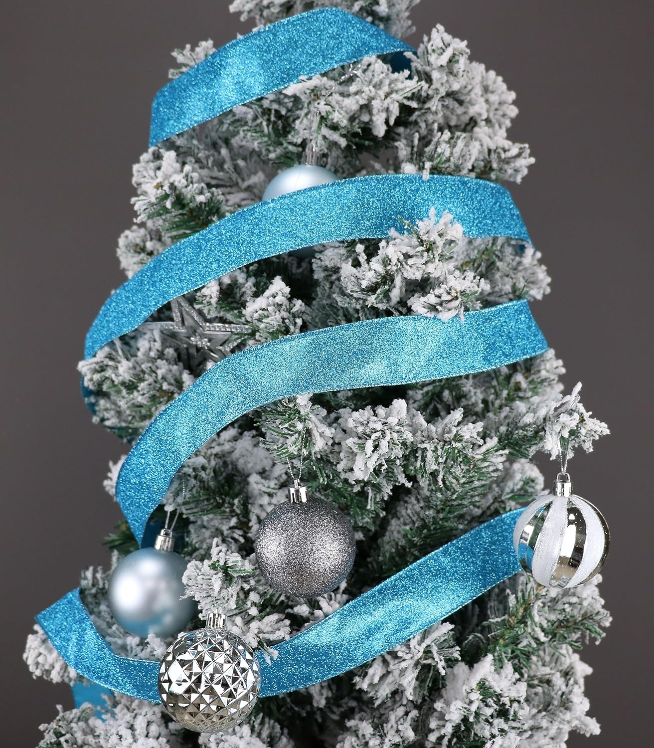 Cinta azul con alambre de 1.5 pulgadas con purpurina turquesa con alambre para decoración de Navidad, cinta azul con alambre para envolver regalos,