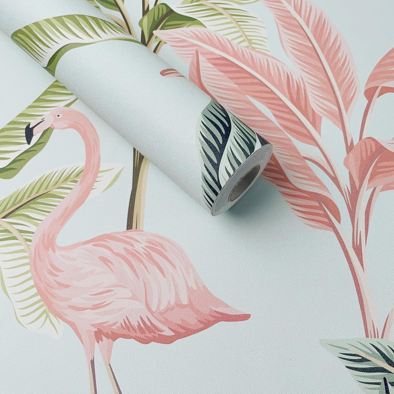Papel tapiz de flamenco con diseño de pájaros tropicales, removible, floral, hojas verdes, bohemio, fácil de despegar, autoadhesivo, para