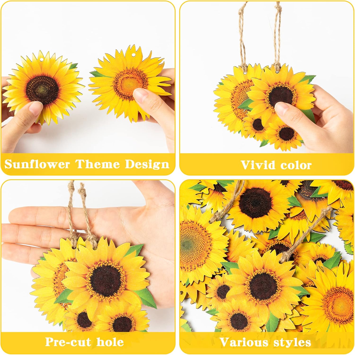 WATINC Juego de 31 adornos colgantes de madera de girasol para primavera y verano, decoración colgante de madera de girasoles, decoración rústica de