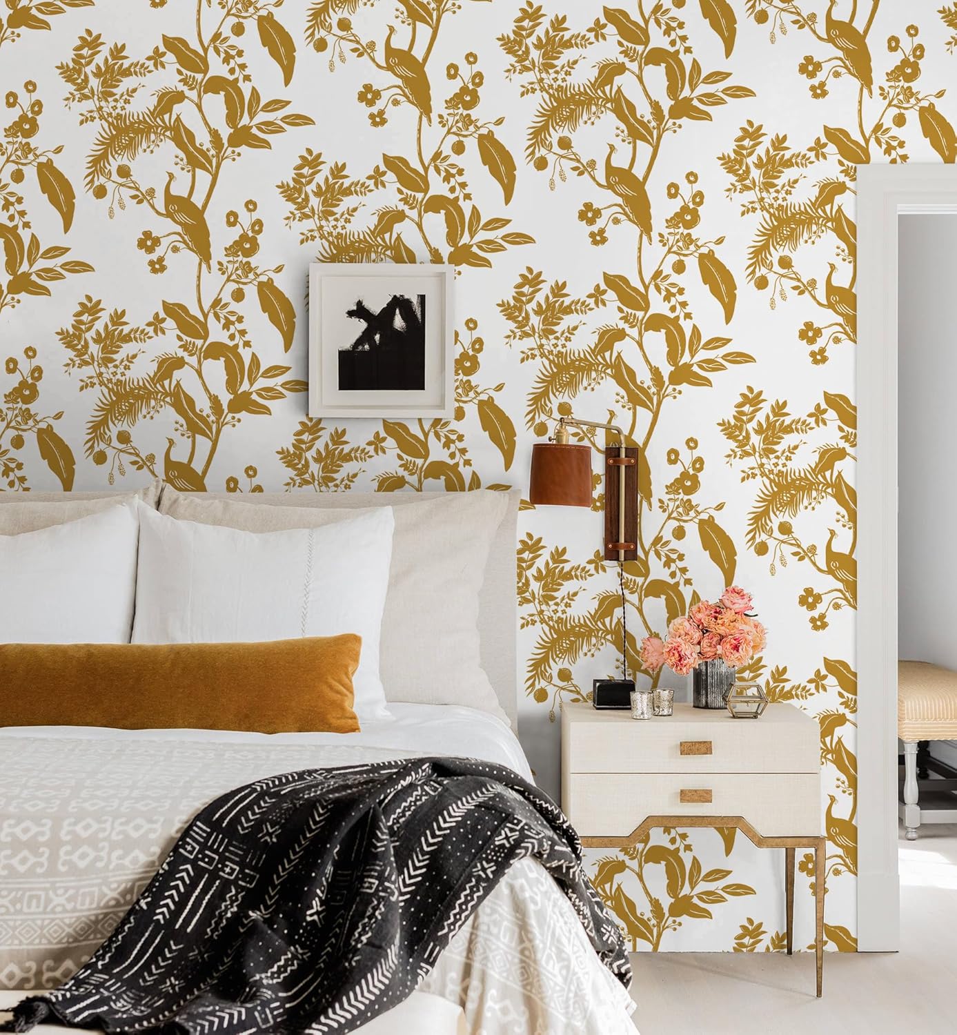 GloryTik Papel tapiz dorado floral de 17.3 x 197 pulgadas, papel tapiz autoadhesivo con diseño floral dorado y blanco, extraíble, impermeable, para