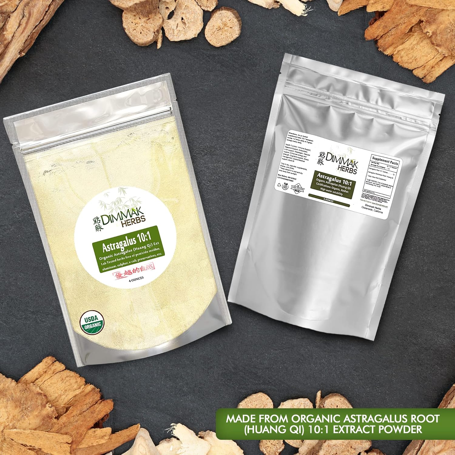 Polvo de extracto de astrágalo orgánico 101  Gránulos concentrados Huang Qi  Probado en laboratorio, USDA orgánico 4 onzas  3.95 oz por Dimmak Herbs