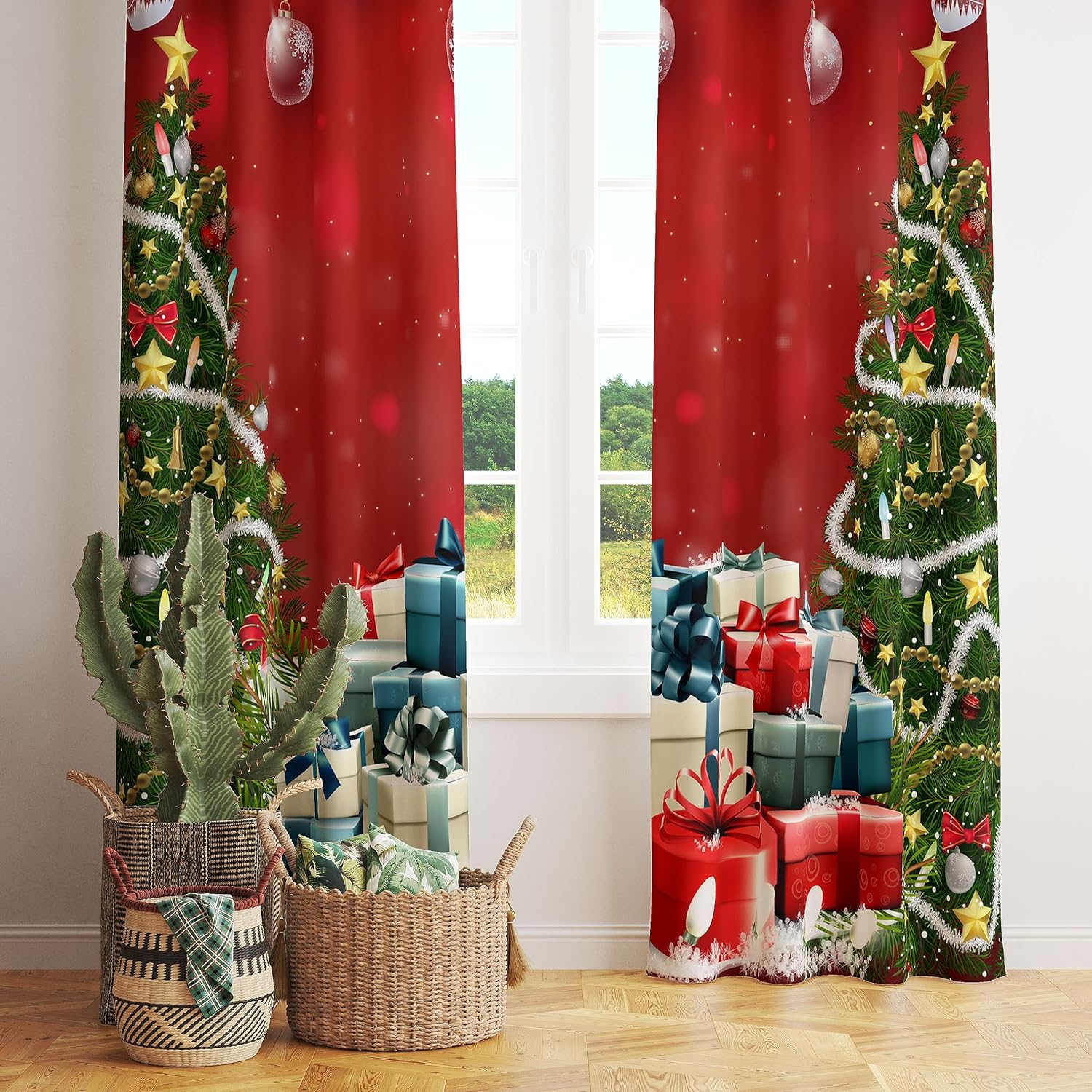 Cortinas de Navidad, árbol de Navidad con regalos coloridos, árbol de Navidad, Graland, bolas de Navidad rojas abstractas, estampado de nieve de