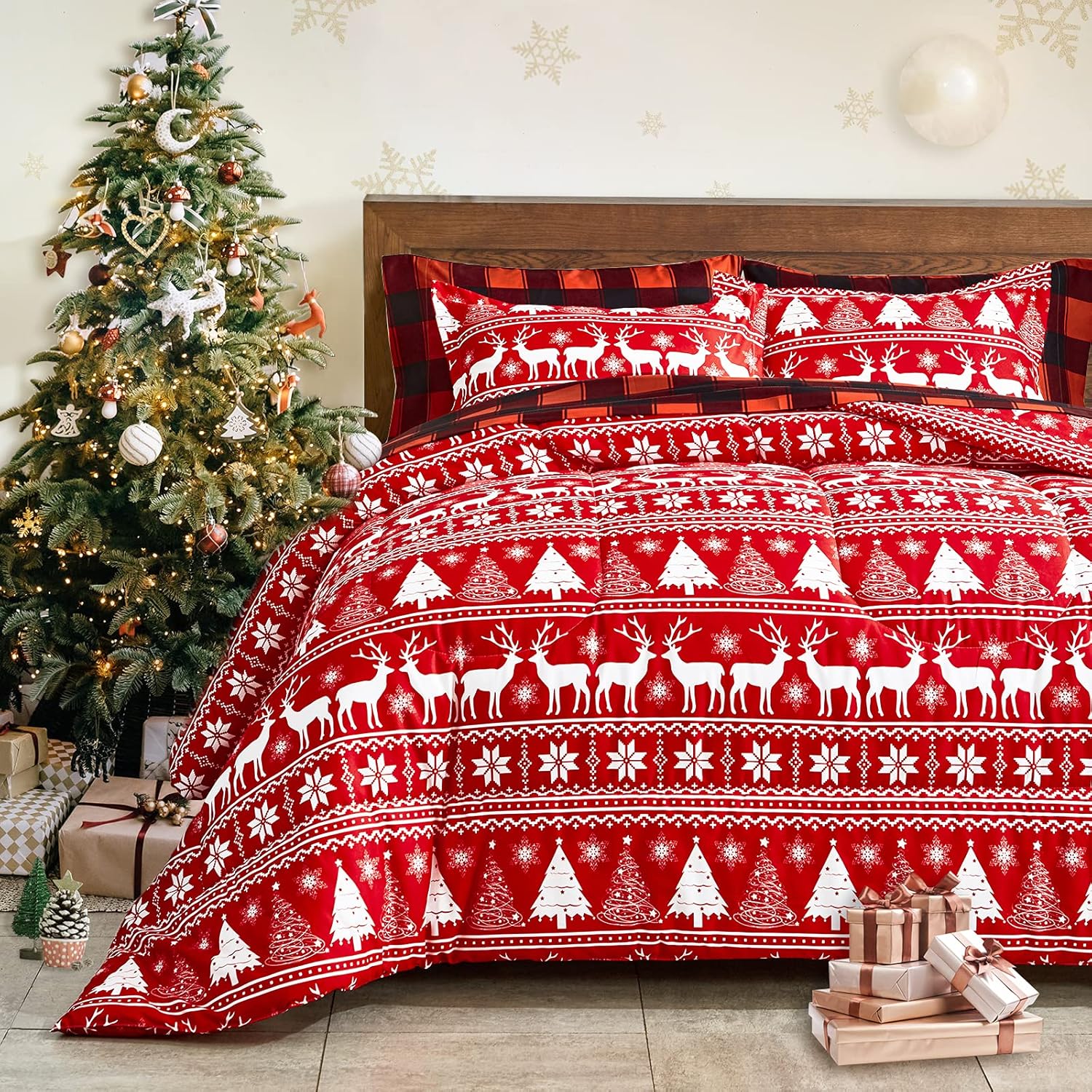 Juego de edredón de 7 piezas de cama en una bolsa, diseño de ciervo rojo con copos de nieve, tamaño Queen, estilo festivo, suave y reversible (1