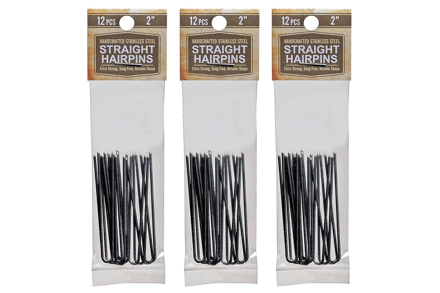 Horquillas para el cabello de 2 pulgadas rectas, 3 paquetes (36 pines) de acero inoxidable plateado, resistentes, sin enganches, hechas a mano, en