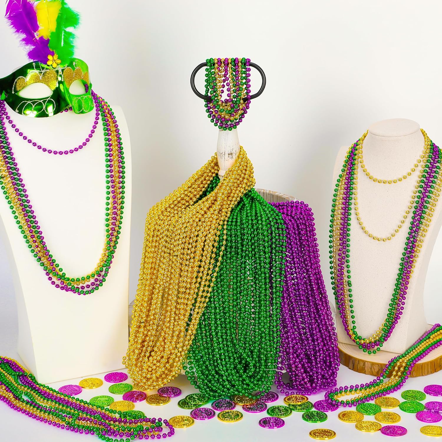 120 cuentas de Mardi Gras, collar de cuentas de 33 pulgadas, accesorios de Mardi Gras morado, dorado y verde, collares de disfraz de fiesta, mantas