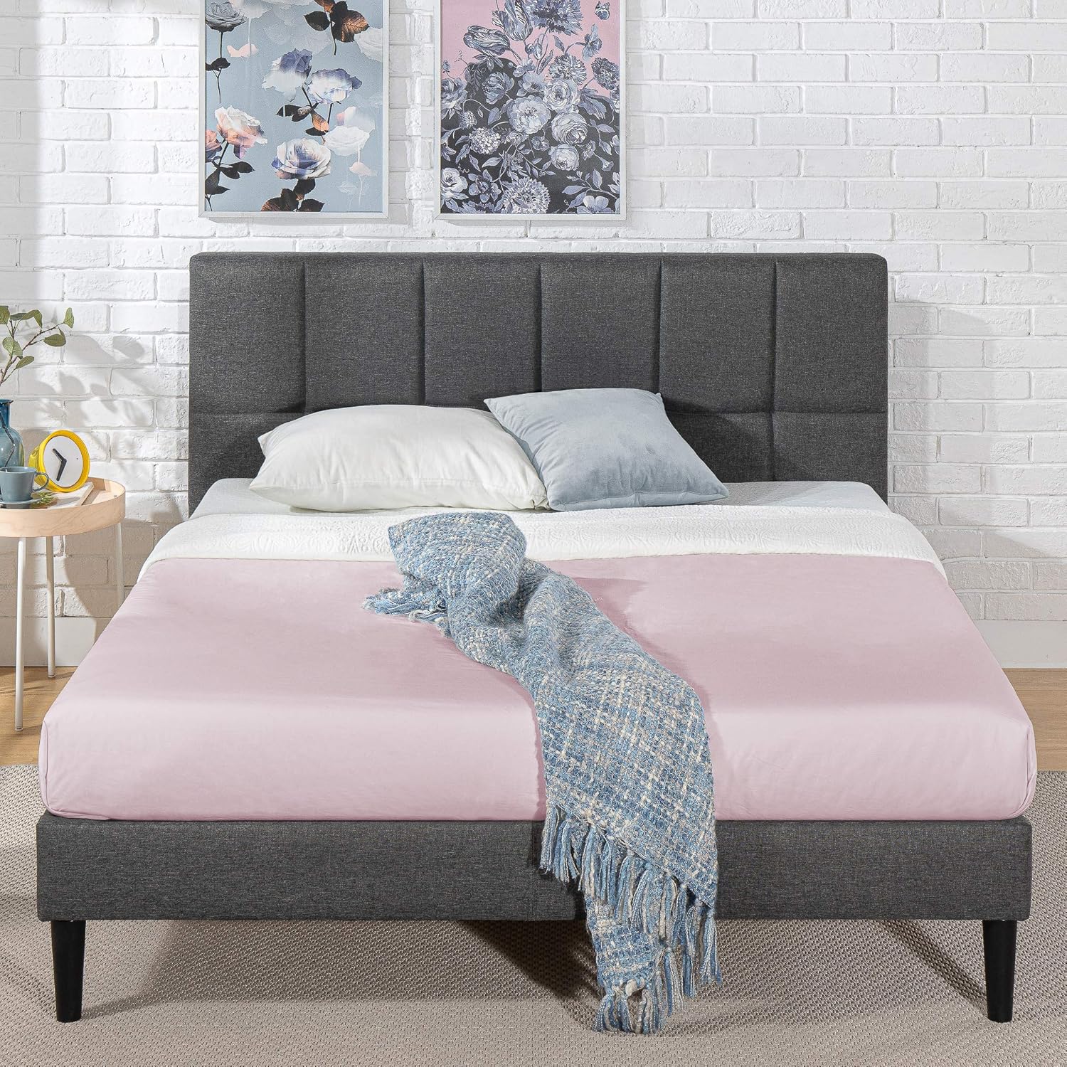 ZINUS Lottie – Base de cama tapizada con cabecero corto y puertos USB, base de colchón, soporte de listones de madera, no necesita somier, fácil