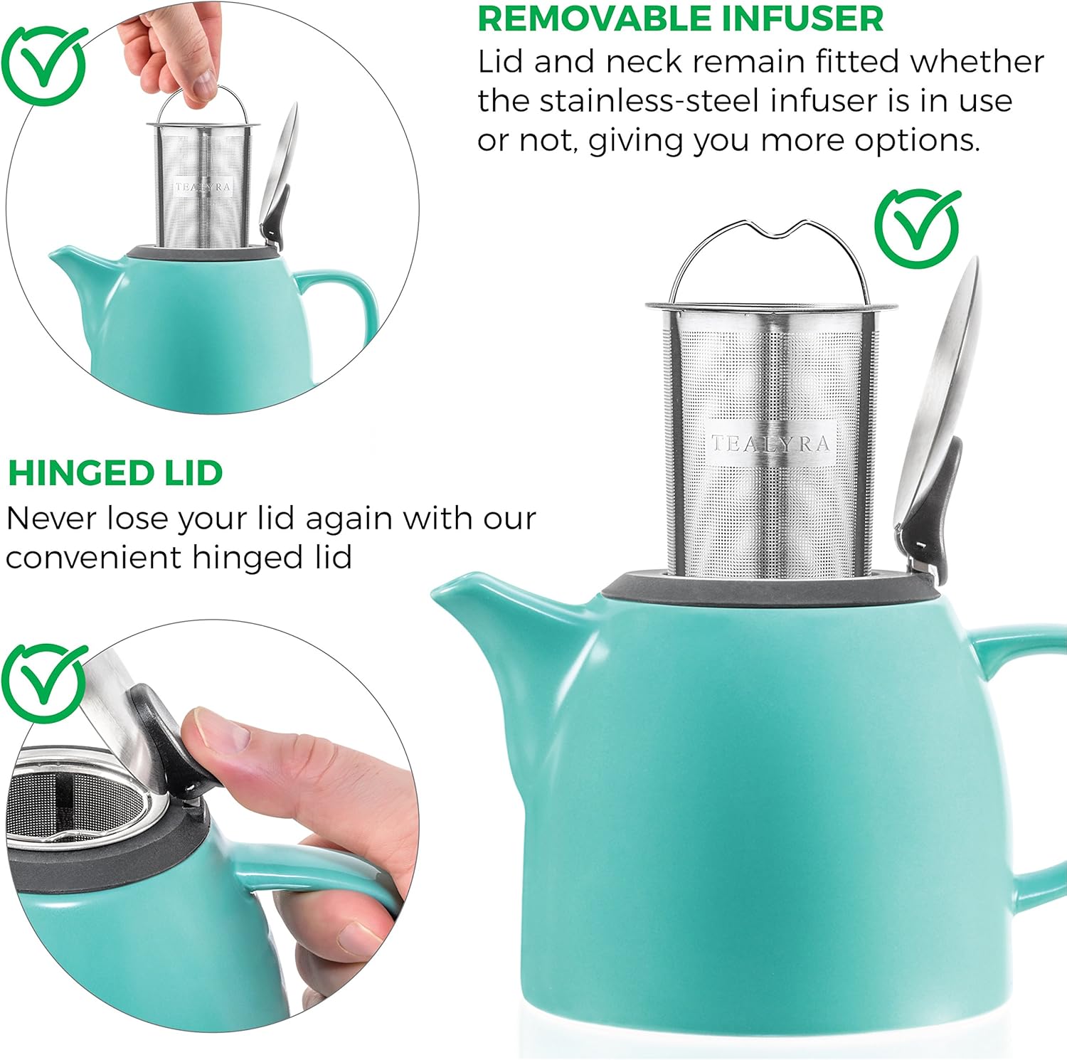 Tealyra – Tetera pequeña de cerámica Drago Turquesa – 22oz (2-3 tazas) – Con tapa de acero inoxidable e infusor extrafino para té de hojas sueltas –