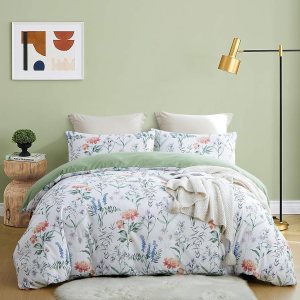 Juego de funda de edredón con estampado floral verde, tamaño Queen, color verde salvia, suave, con diseño botánico, 3 piezas, 1 funda de edredón + 2 Juego de funda de edredón con estampado floral verde, tamaño Queen, color verde salvia, suave, con diseño botánico, 3 piezas, 1 funda de edredón + 2