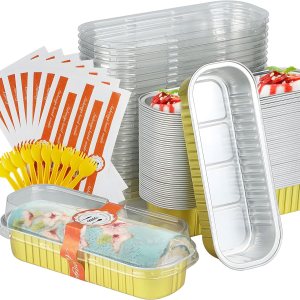 Mini moldes para hornear pan con tapas y cucharas (paquete de 50, 6.8 onzas), recipientes rectangulares de aluminio para cupcakes con adhesivo de Mini moldes para hornear pan con tapas y cucharas (paquete de 50, 6.8 onzas), recipientes rectangulares de aluminio para cupcakes con adhesivo de