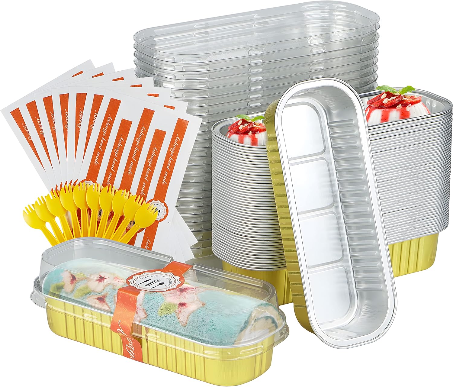 Mini moldes para hornear pan con tapas y cucharas (paquete de 50, 6.8 onzas), recipientes rectangulares de aluminio para cupcakes con adhesivo de
