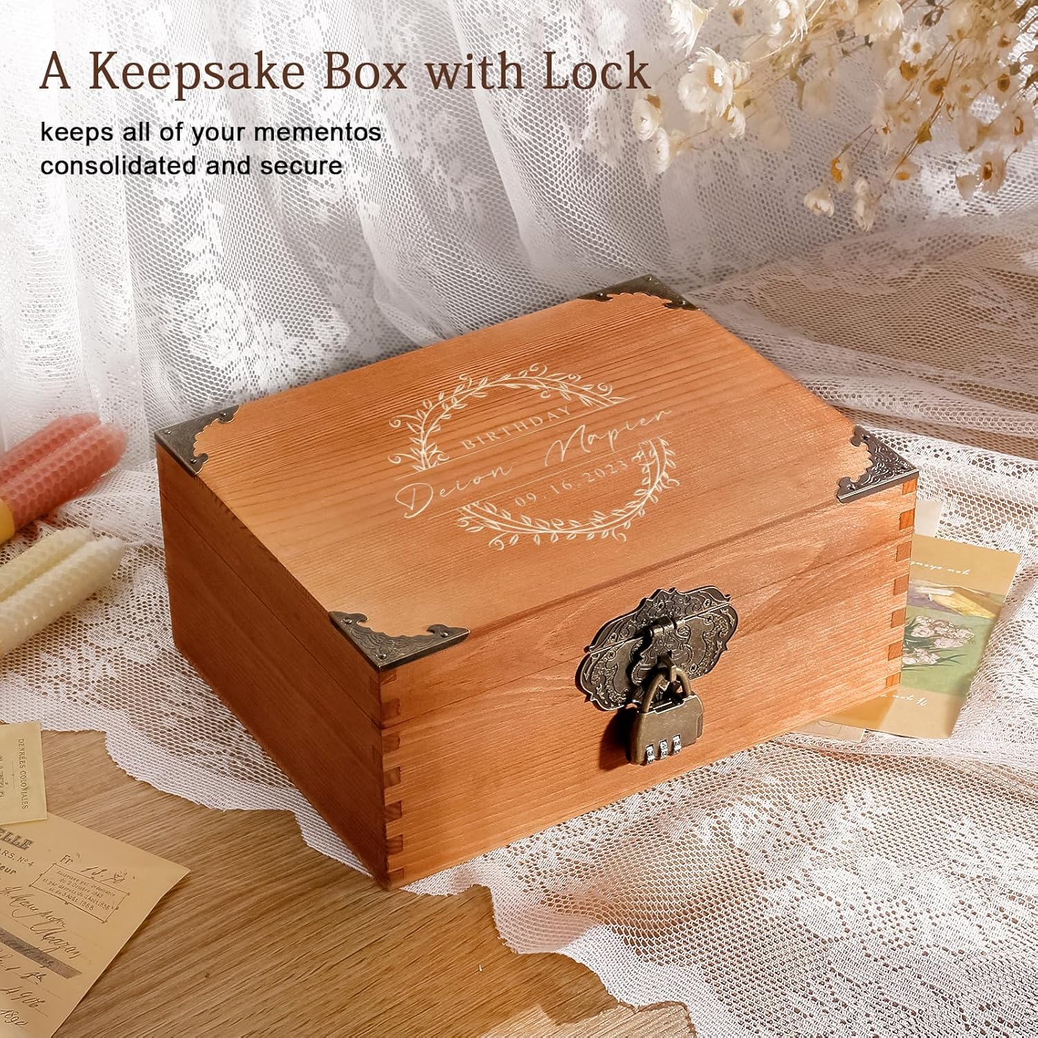 Caja de recuerdos de boda personalizada con cerradura, caja de memoria decorativa de madera, caja de almacenamiento de fotos, aniversario,
