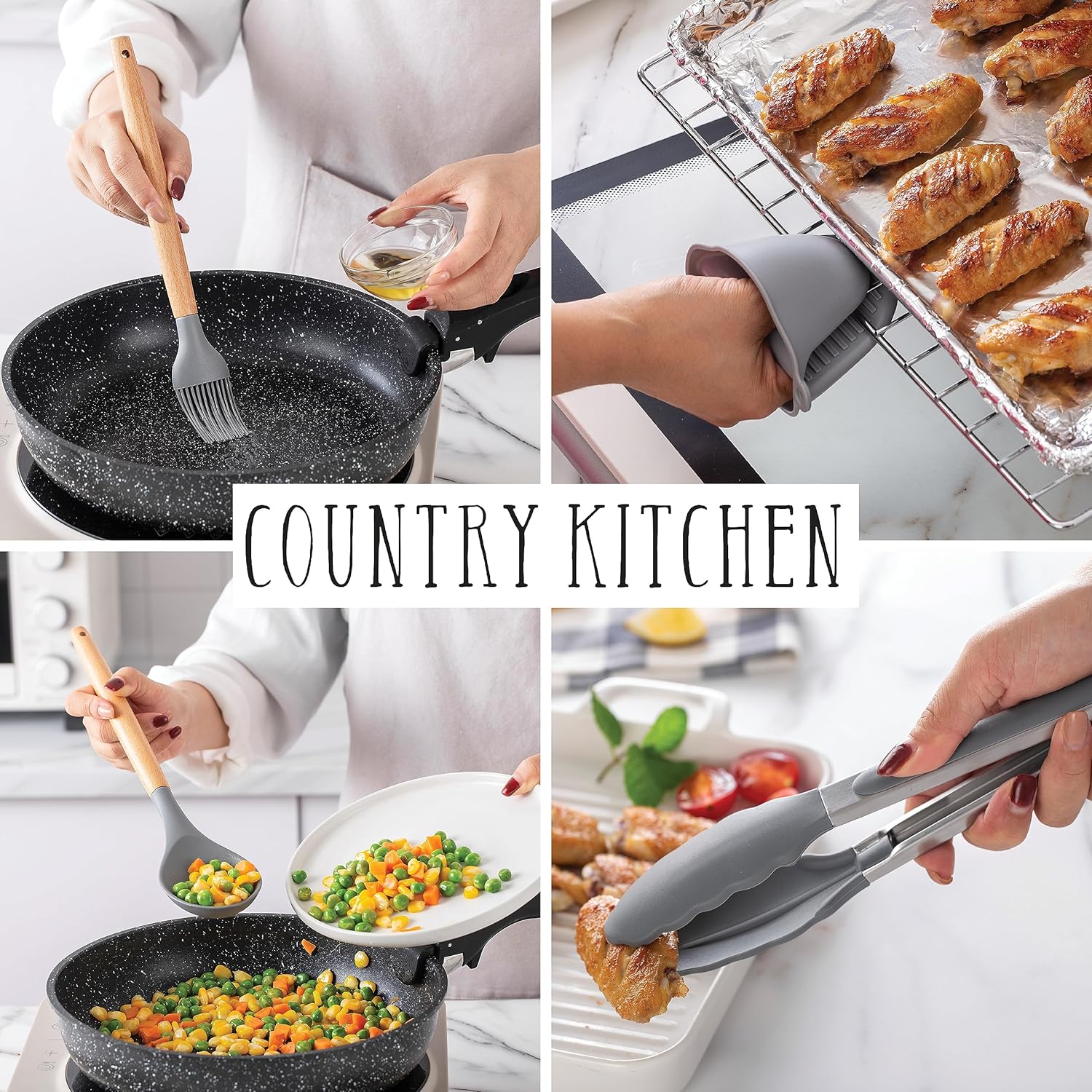 Country Kitchen Juego de utensilios de cocina  Juego de 38 espátulas de silicona antiadherentes con soporte, asas de madera y utensilios resistentes