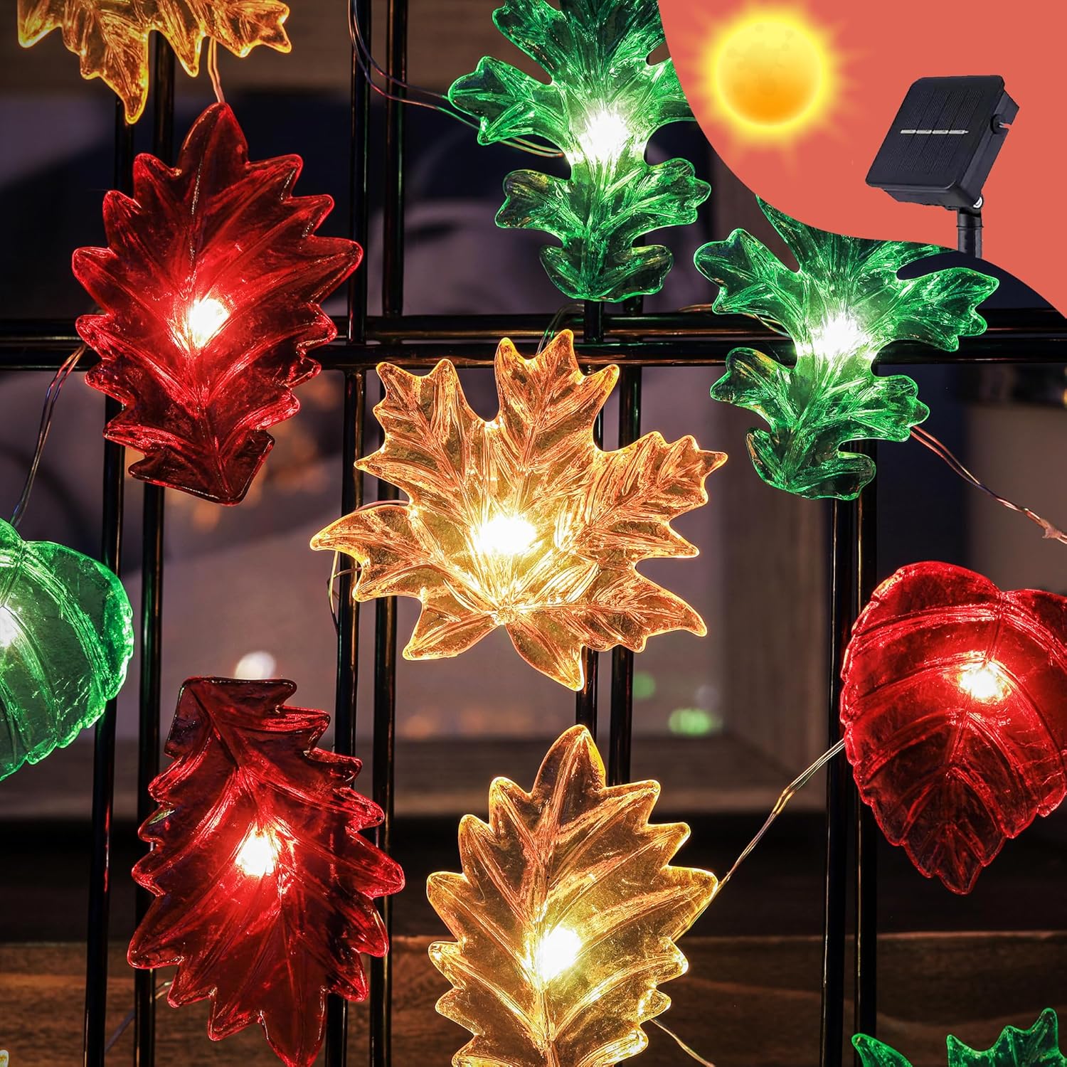 Guirnalda de luces solares de hojas de bosque de otoño, decoración de árbol de jardín al aire libre, luces de Acción de Gracias, hojas de roble de