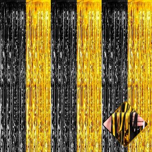 Paquete de 4 cortinas de flecos de papel de aluminio dorado negro de 3.2 pies x 8.2 pies, cortinas de oropel metálico con flecos para cabina de Paquete de 4 cortinas de flecos de papel de aluminio dorado negro de 3.2 pies x 8.2 pies, cortinas de oropel metálico con flecos para cabina de