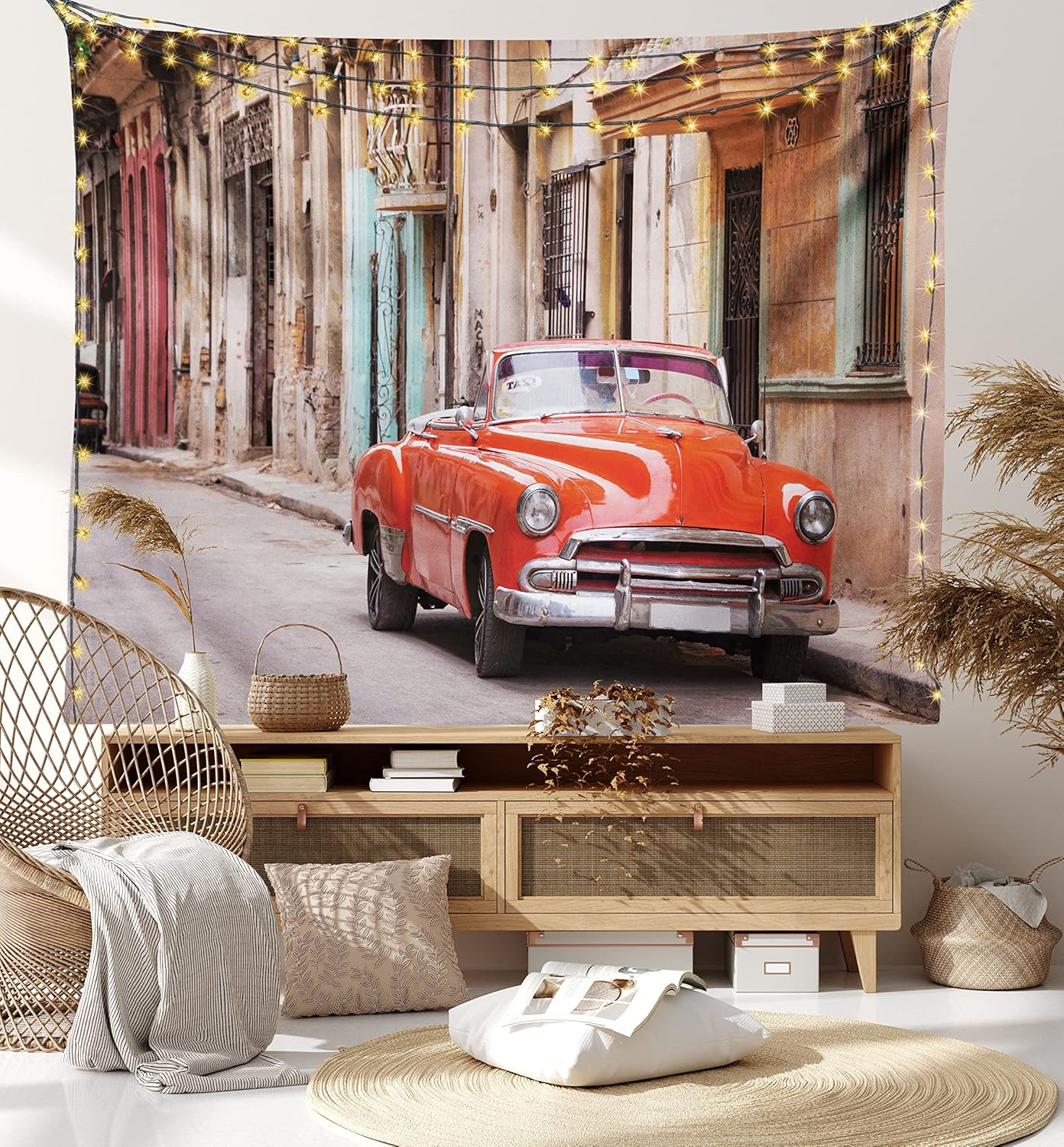 Ambesonne Tapiz de autos, auto americano clásico en una calle con casas Caribbean Havana Cuba, colgante de pared para dormitorio, sala de estar,