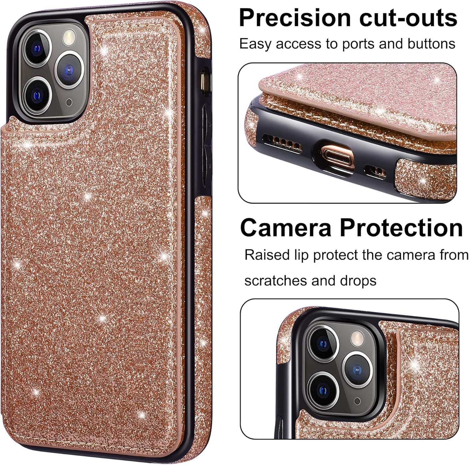 UEEBAI Funda para iPhone 11, funda de piel sintética con purpurina de alta calidad dos cierres magnéticos ranuras para tarjetas Función de soporte,