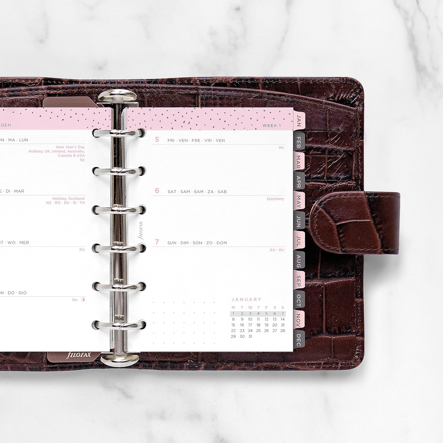 Filofax Recambio de diario de calendario, tamaño de bolsillo, semana a vista, paquete de diario mínimo de confeti, multilingüe cinco idiomas, 2024