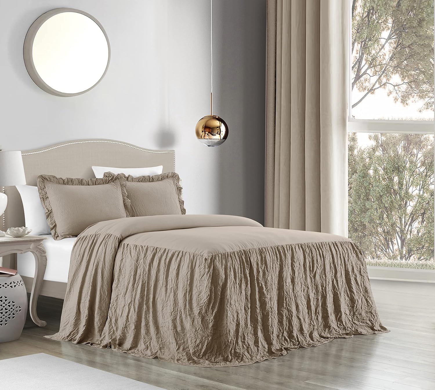 Chic Home Ashford – Juego de edredón de 3 piezas con diseño de caída con volantes arrugados, fundas de almohada incluidas, King, color gris pardo
