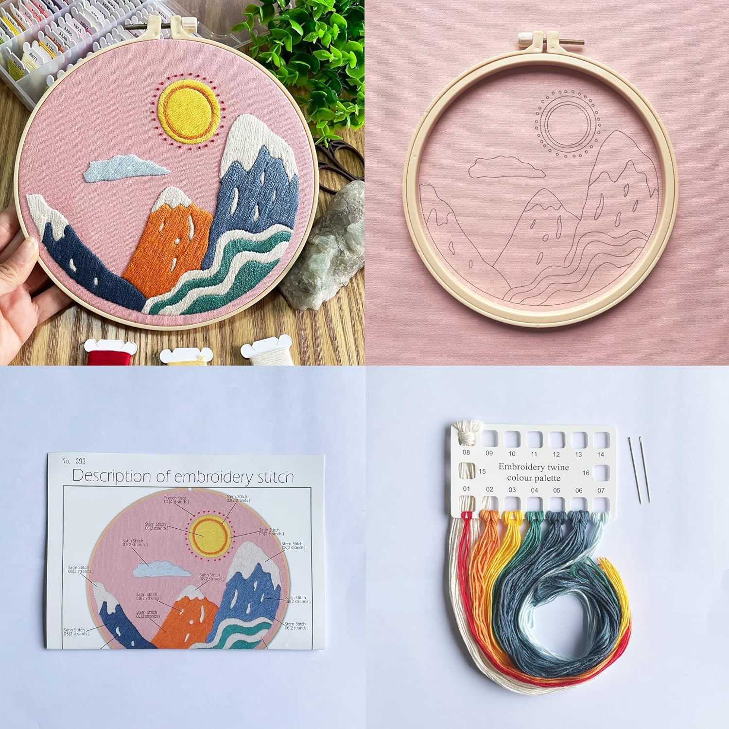 Kit de bordado, paño de bordado rosa, patrón de montañas, kit de iniciación de bordado, también incluye aro, aguja, hilo e instrucciones (rosa)